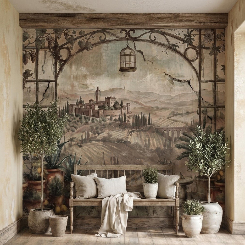 Tuscan Lemon Grove Terrace Peel and Stick Wall Mural, Vintage Italian Country Window View, Grapevine Arbor, Rustic Villa Landscape Wallpaper