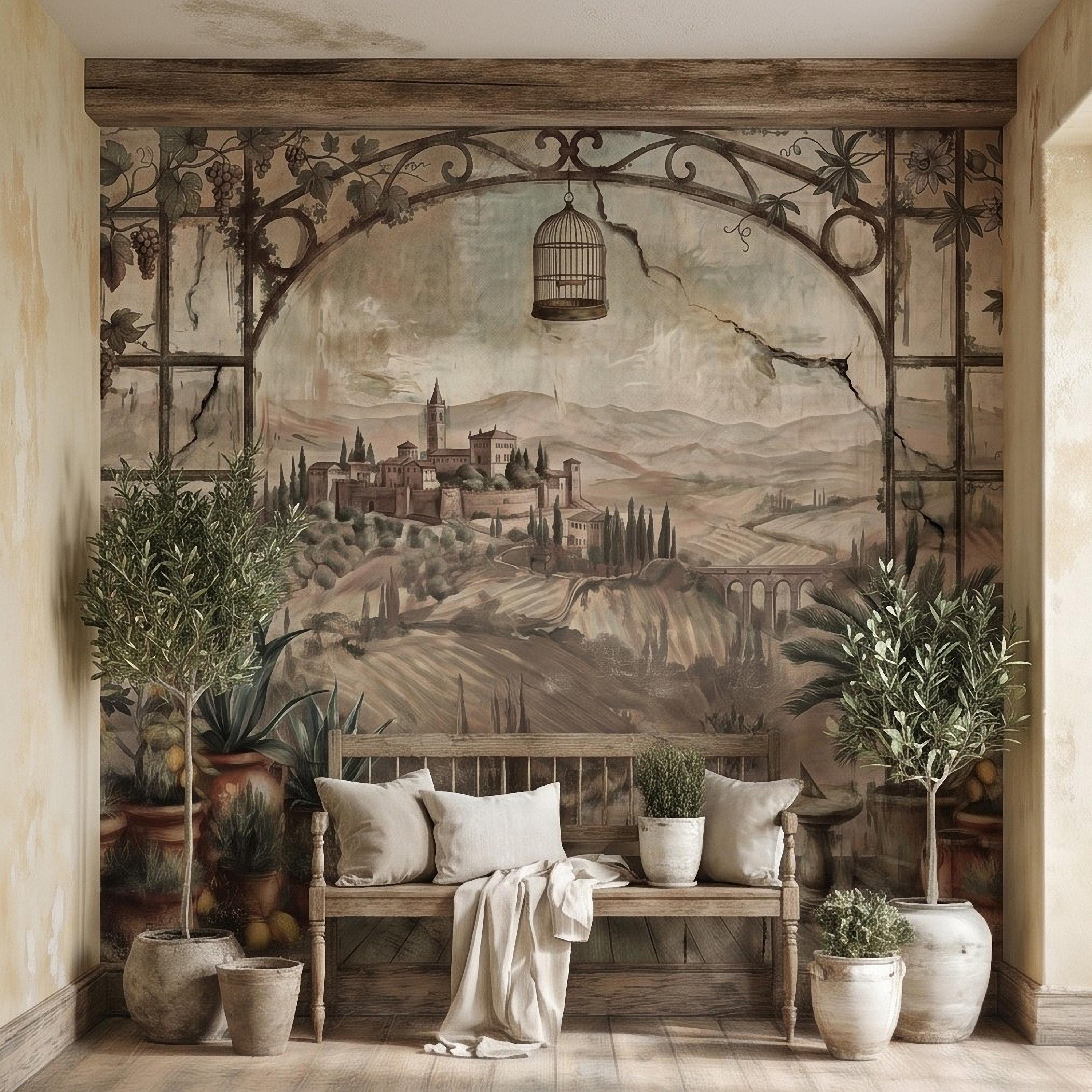 Tuscan Lemon Grove Terrace Peel and Stick Wall Mural, Vintage Italian Country Window View, Grapevine Arbor, Rustic Villa Landscape Wallpaper