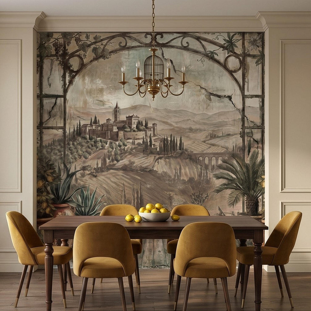 Tuscan Lemon Grove Terrace Peel and Stick Wall Mural, Vintage Italian Country Window View, Grapevine Arbor, Rustic Villa Landscape Wallpaper