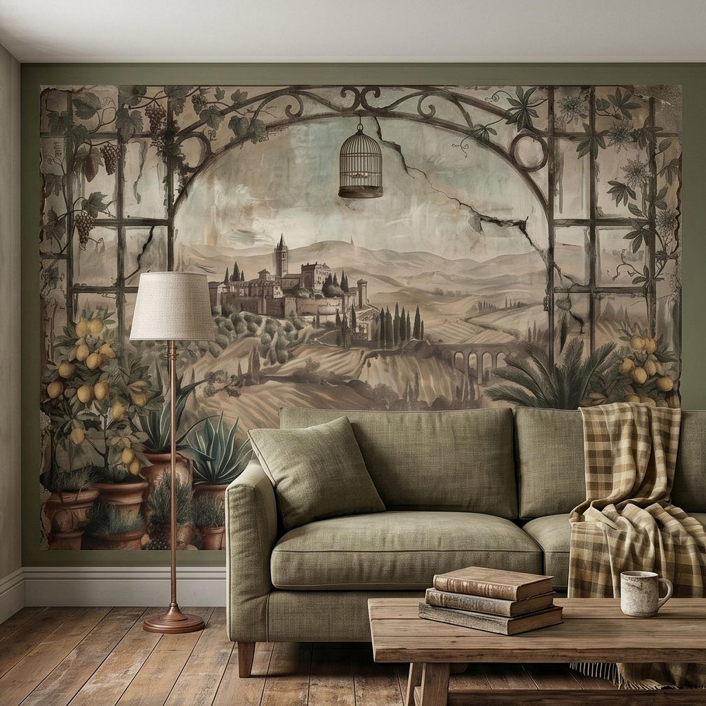 Tuscan Lemon Grove Terrace Peel and Stick Wall Mural, Vintage Italian Country Window View, Grapevine Arbor, Rustic Villa Landscape Wallpaper