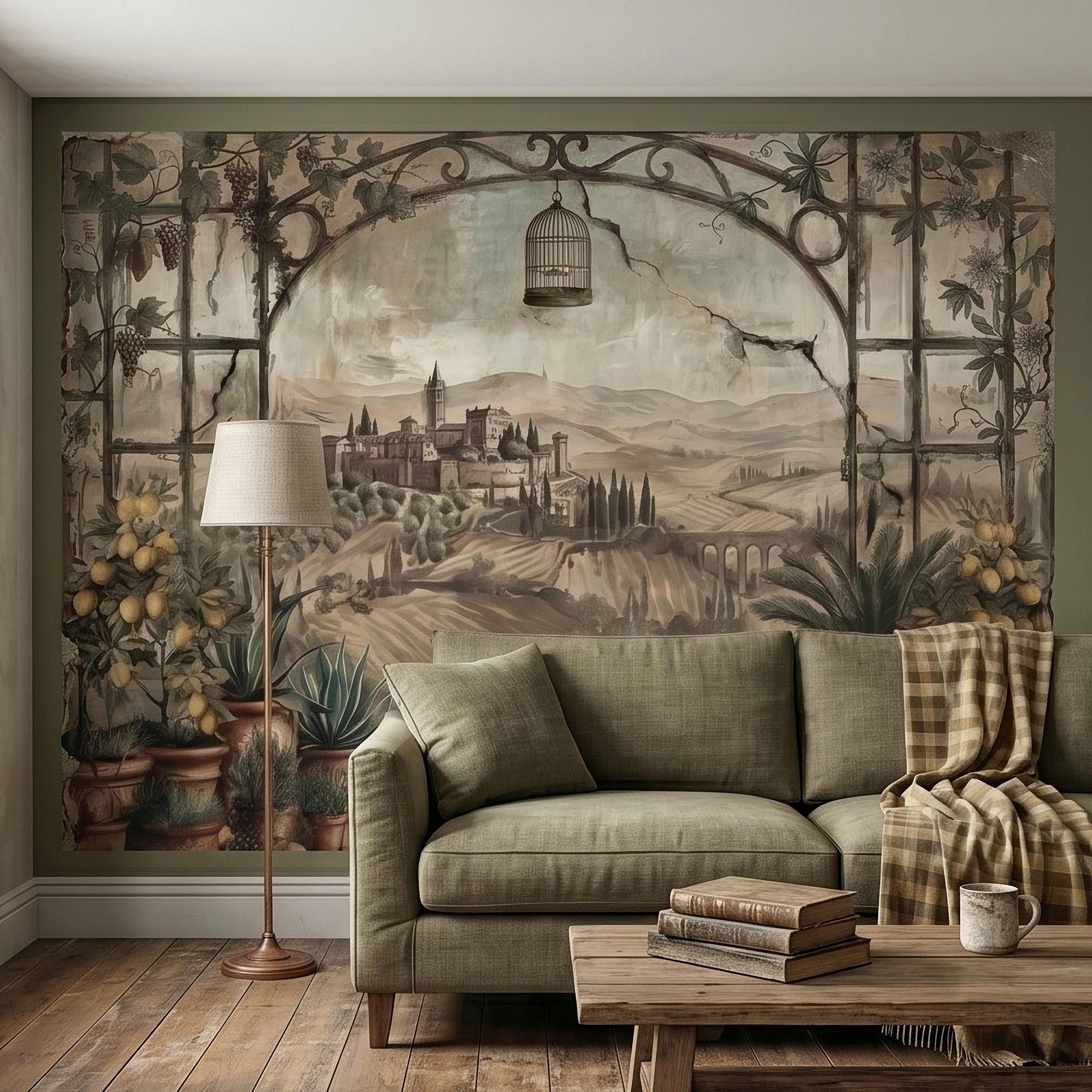 Tuscan Lemon Grove Terrace Peel and Stick Wall Mural, Vintage Italian Country Window View, Grapevine Arbor, Rustic Villa Landscape Wallpaper