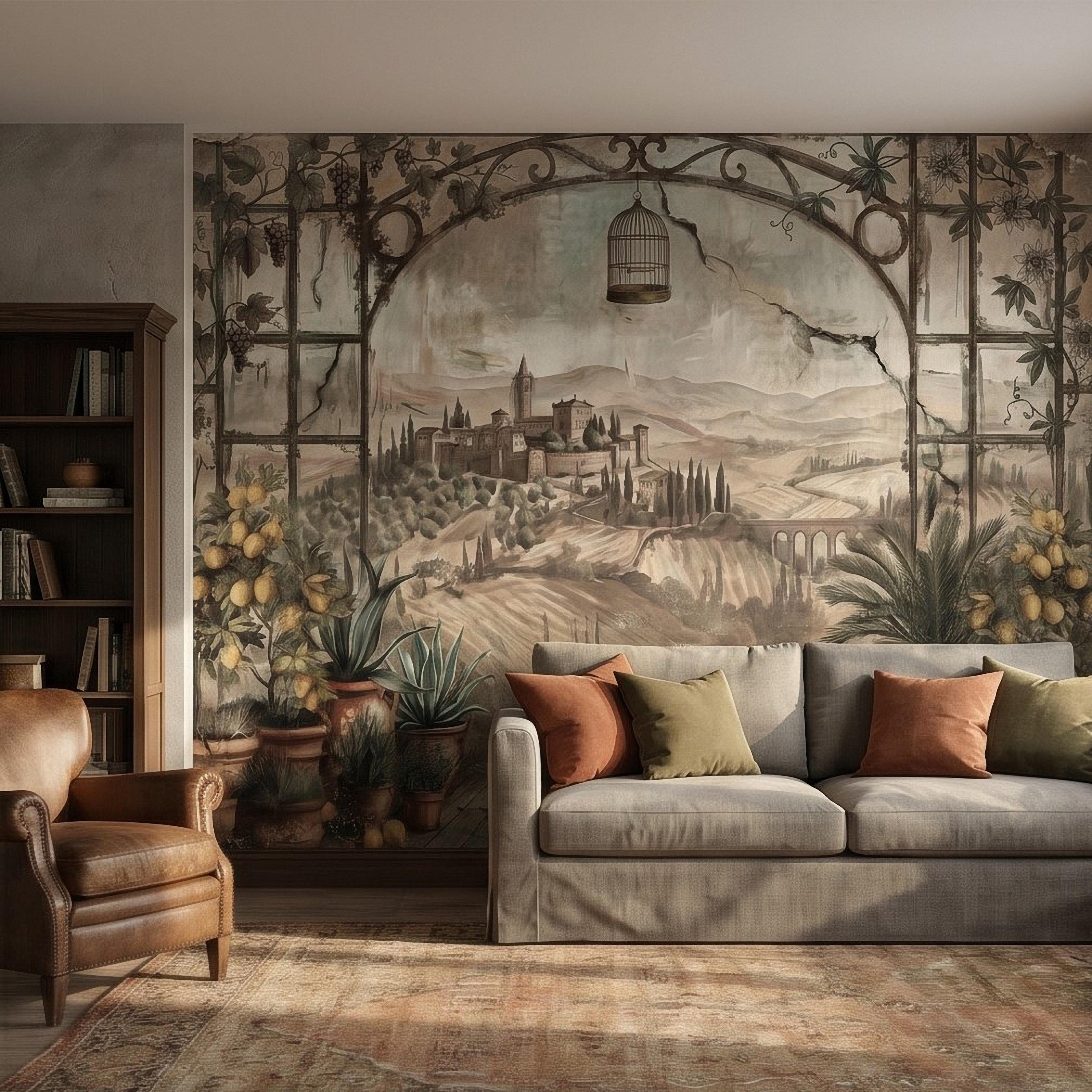 Tuscan Lemon Grove Terrace Peel and Stick Wall Mural, Vintage Italian Country Window View, Grapevine Arbor, Rustic Villa Landscape Wallpaper