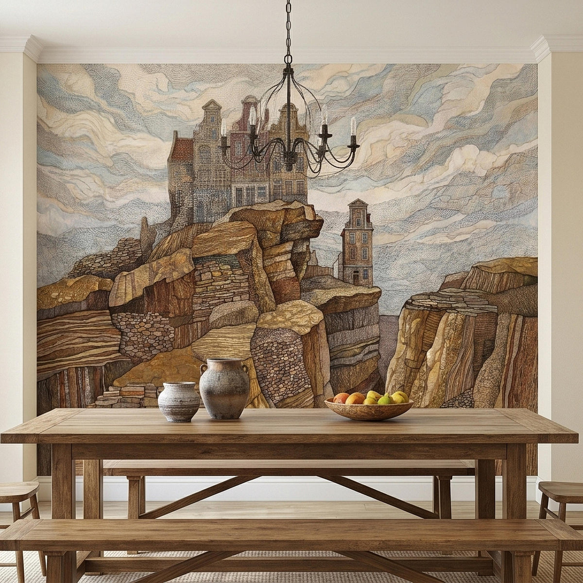 Watercolor wall mural with chapel tower, stone cliffs, and coastal town buildings