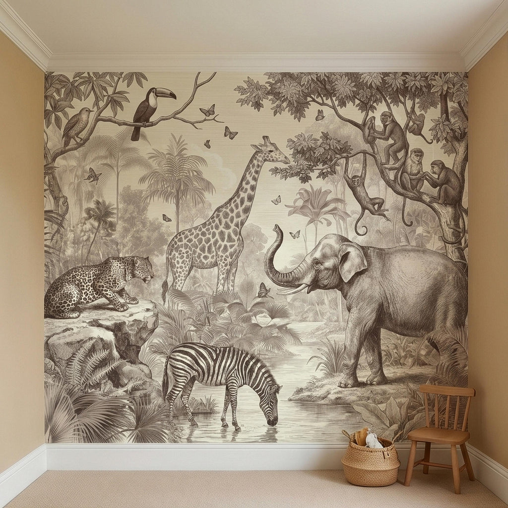 Safari Jungle Animals Peel and Stick Wall Mural, Vintage Toile Sketch Giraffe Elephant Zebra Monkeys Toucan, Neutral Beige Wallpaper