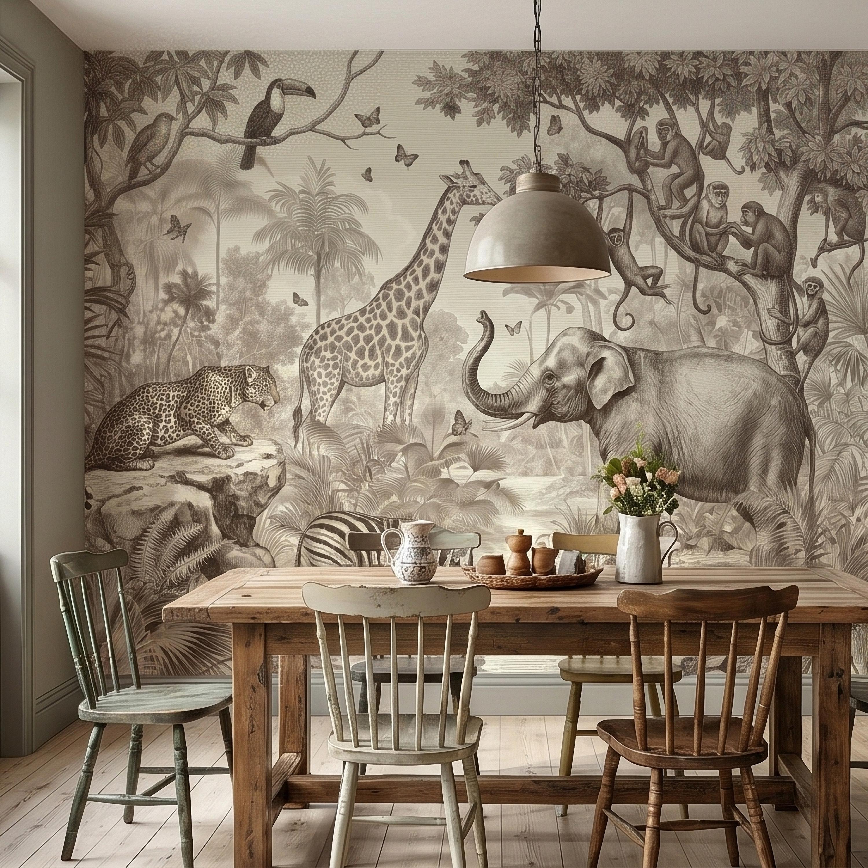 Safari Jungle Animals Peel and Stick Wall Mural, Vintage Toile Sketch Giraffe Elephant Zebra Monkeys Toucan, Neutral Beige Wallpaper