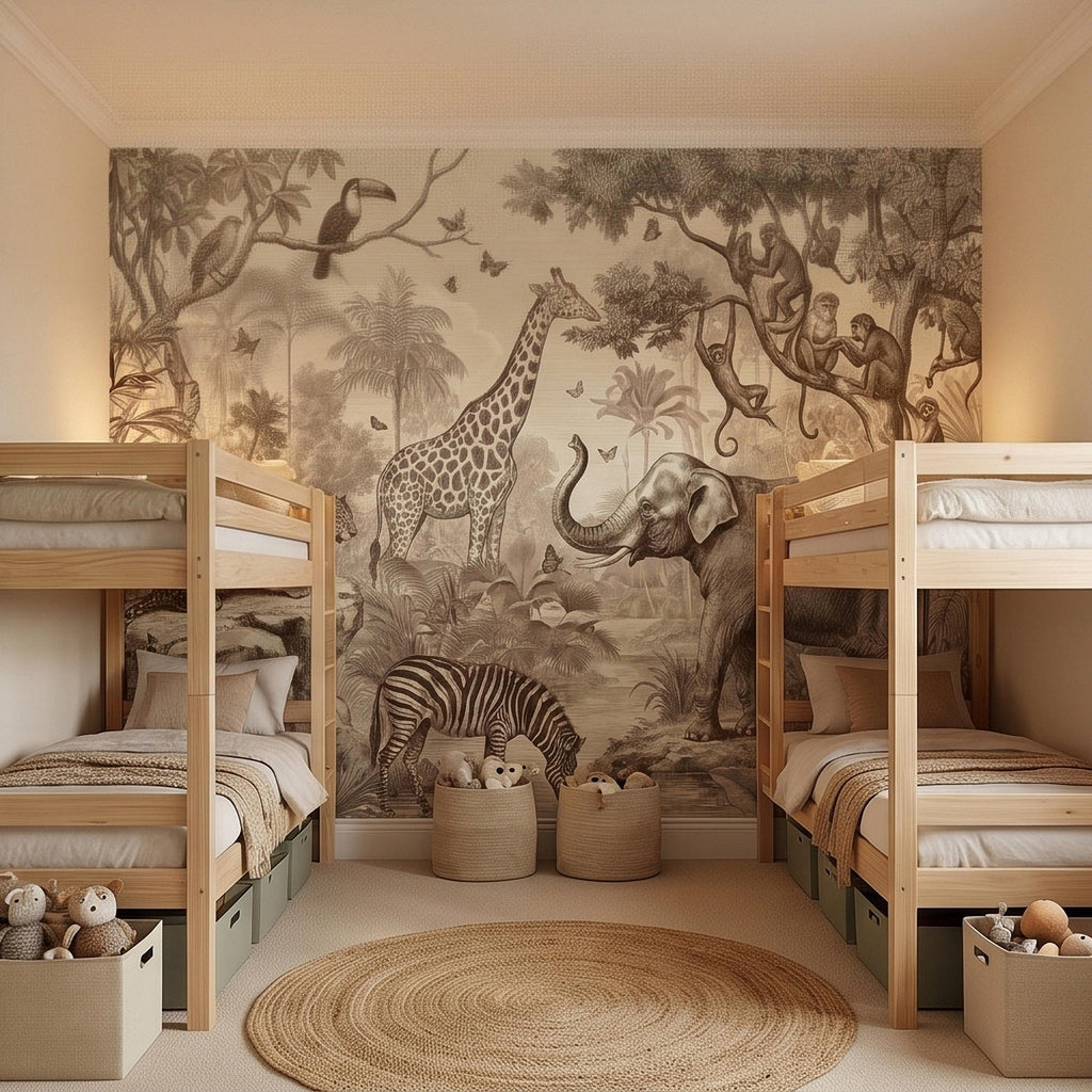 Safari Jungle Animals Peel and Stick Wall Mural, Vintage Toile Sketch Giraffe Elephant Zebra Monkeys Toucan, Neutral Beige Wallpaper