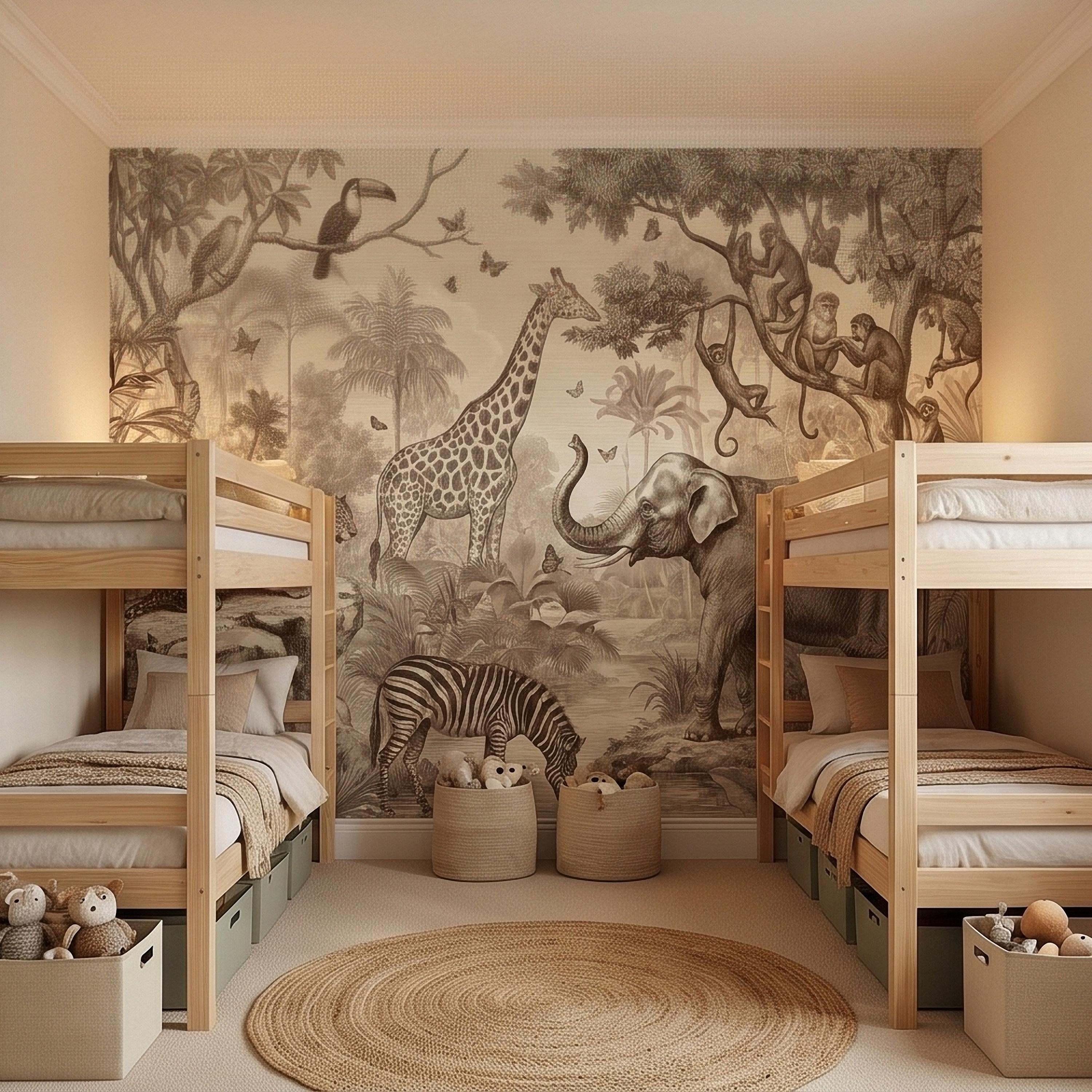 Safari Jungle Animals Peel and Stick Wall Mural, Vintage Toile Sketch Giraffe Elephant Zebra Monkeys Toucan, Neutral Beige Wallpaper