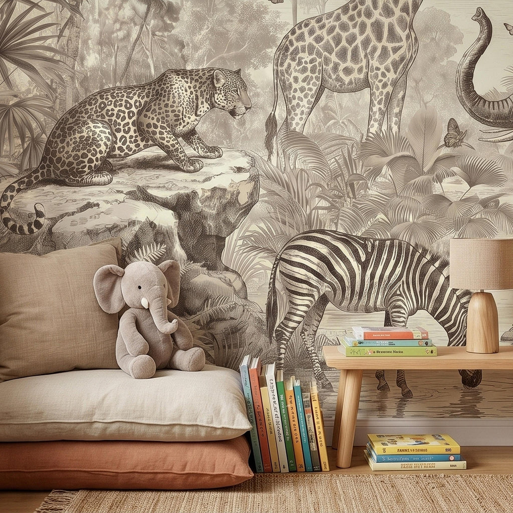 Safari Jungle Animals Peel and Stick Wall Mural, Vintage Toile Sketch Giraffe Elephant Zebra Monkeys Toucan, Neutral Beige Wallpaper