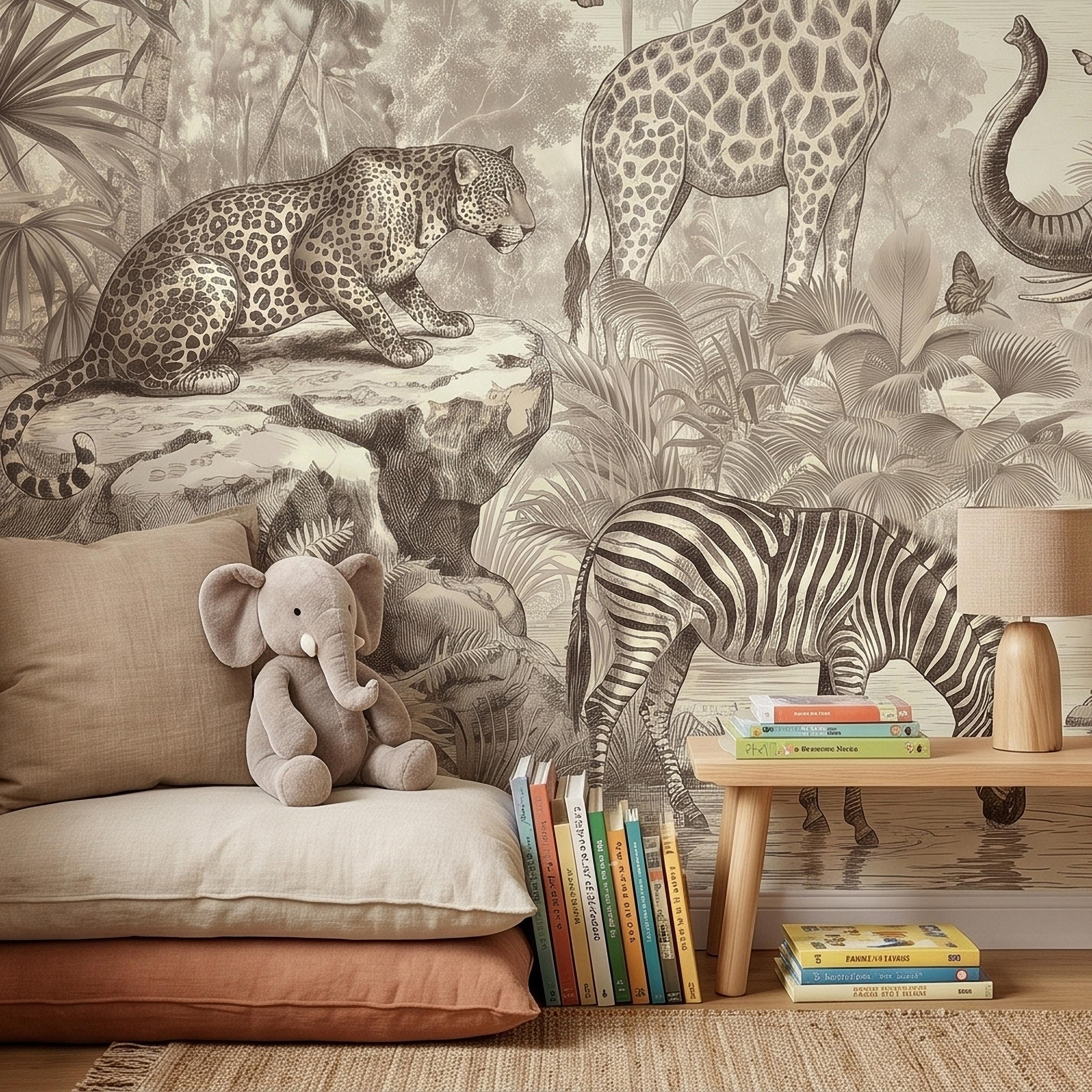 Safari Jungle Animals Peel and Stick Wall Mural, Vintage Toile Sketch Giraffe Elephant Zebra Monkeys Toucan, Neutral Beige Wallpaper