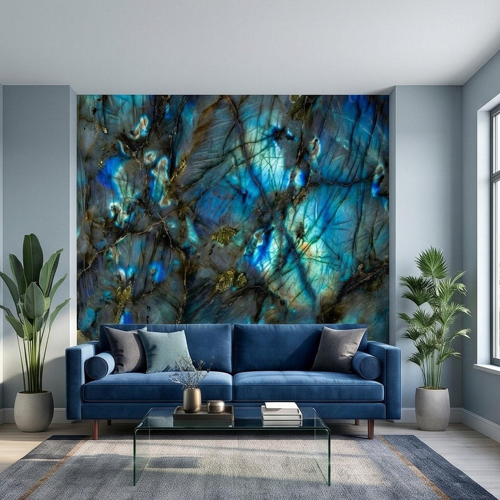 Blue Labradorite Stone Peel and Stick Wall Mural, Teal Navy Gem Crystal Texture, Dark Moody Marble Slab Modern Luxury Wallpaper