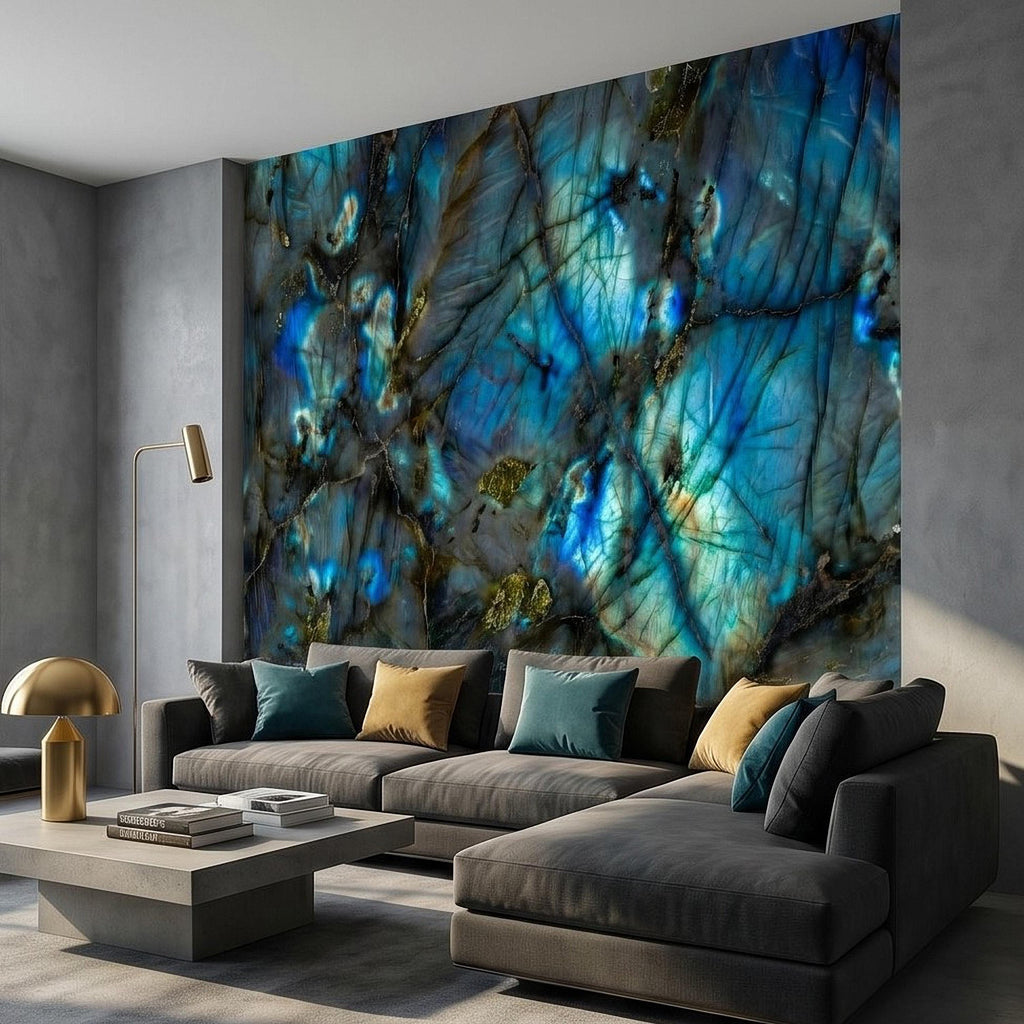 Blue Labradorite Stone Peel and Stick Wall Mural, Teal Navy Gem Crystal Texture, Dark Moody Marble Slab Modern Luxury Wallpaper