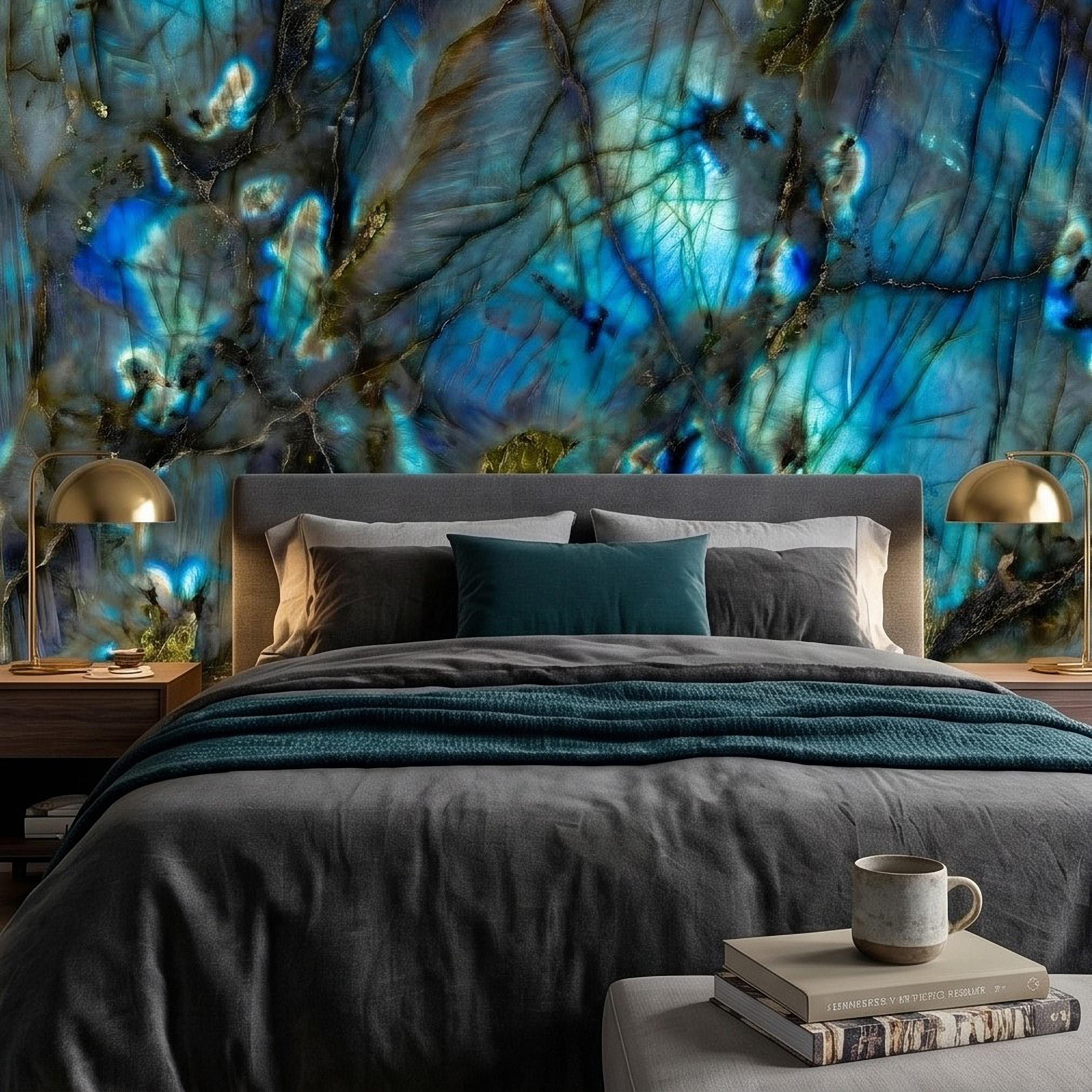 Blue Labradorite Stone Peel and Stick Wall Mural, Teal Navy Gem Crystal Texture, Dark Moody Marble Slab Modern Luxury Wallpaper