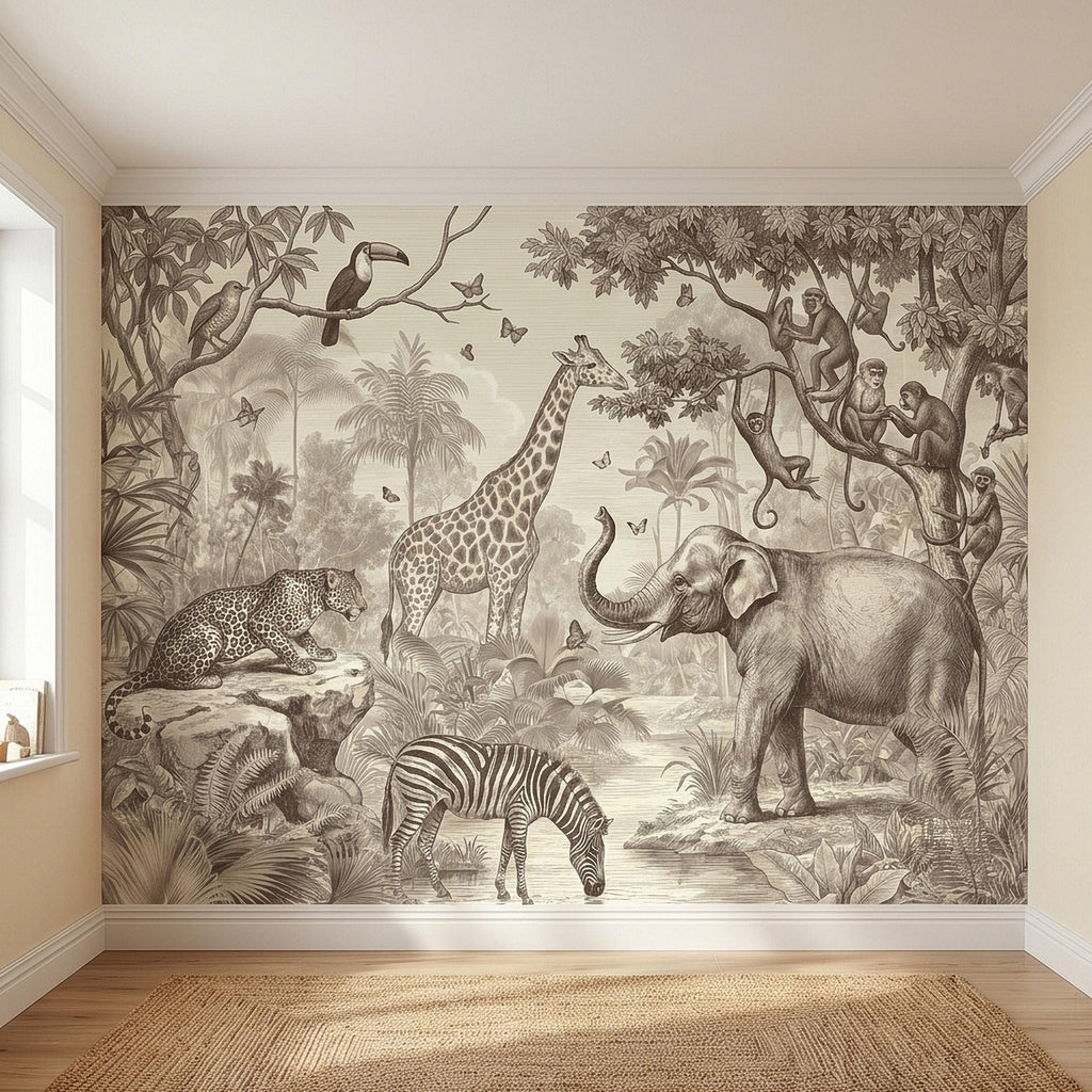 Safari Jungle Animals Peel and Stick Wall Mural, Vintage Toile Sketch Giraffe Elephant Zebra Monkeys Toucan, Neutral Beige Wallpaper