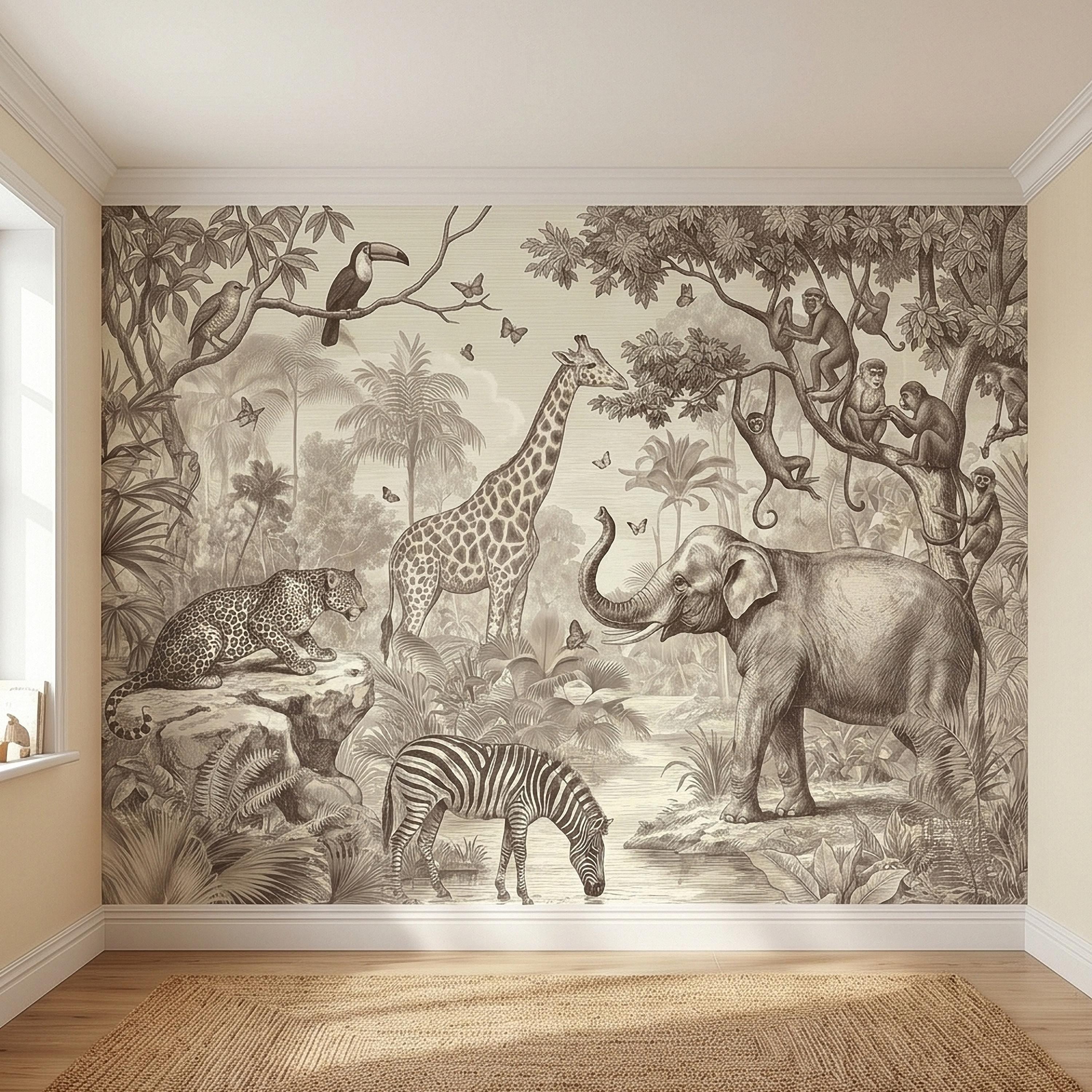 Safari Jungle Animals Peel and Stick Wall Mural, Vintage Toile Sketch Giraffe Elephant Zebra Monkeys Toucan, Neutral Beige Wallpaper