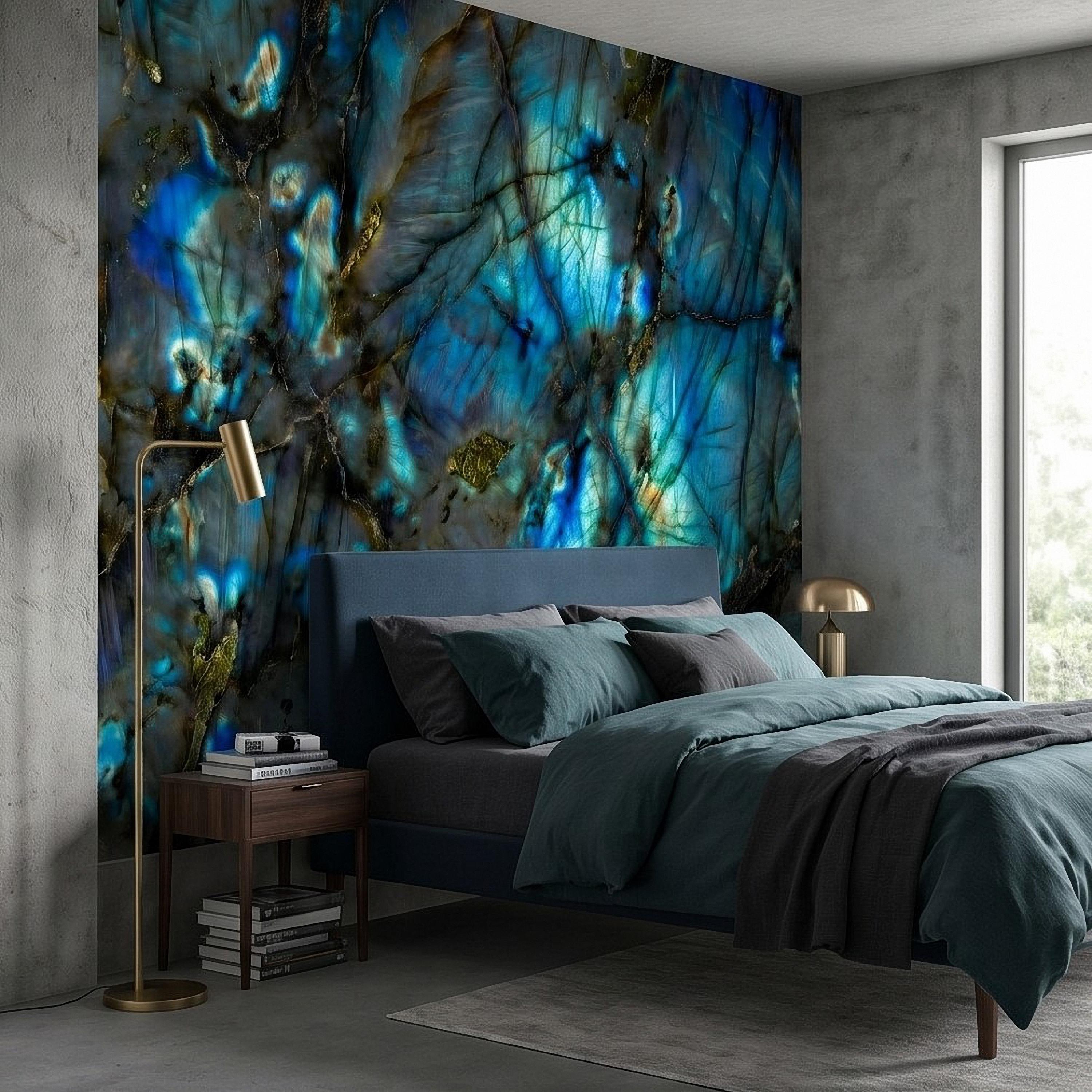 Blue Labradorite Stone Peel and Stick Wall Mural, Teal Navy Gem Crystal Texture, Dark Moody Marble Slab Modern Luxury Wallpaper