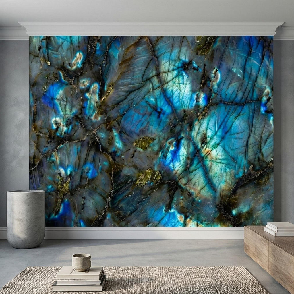 Blue Labradorite Stone Peel and Stick Wall Mural, Teal Navy Gem Crystal Texture, Dark Moody Marble Slab Modern Luxury Wallpaper