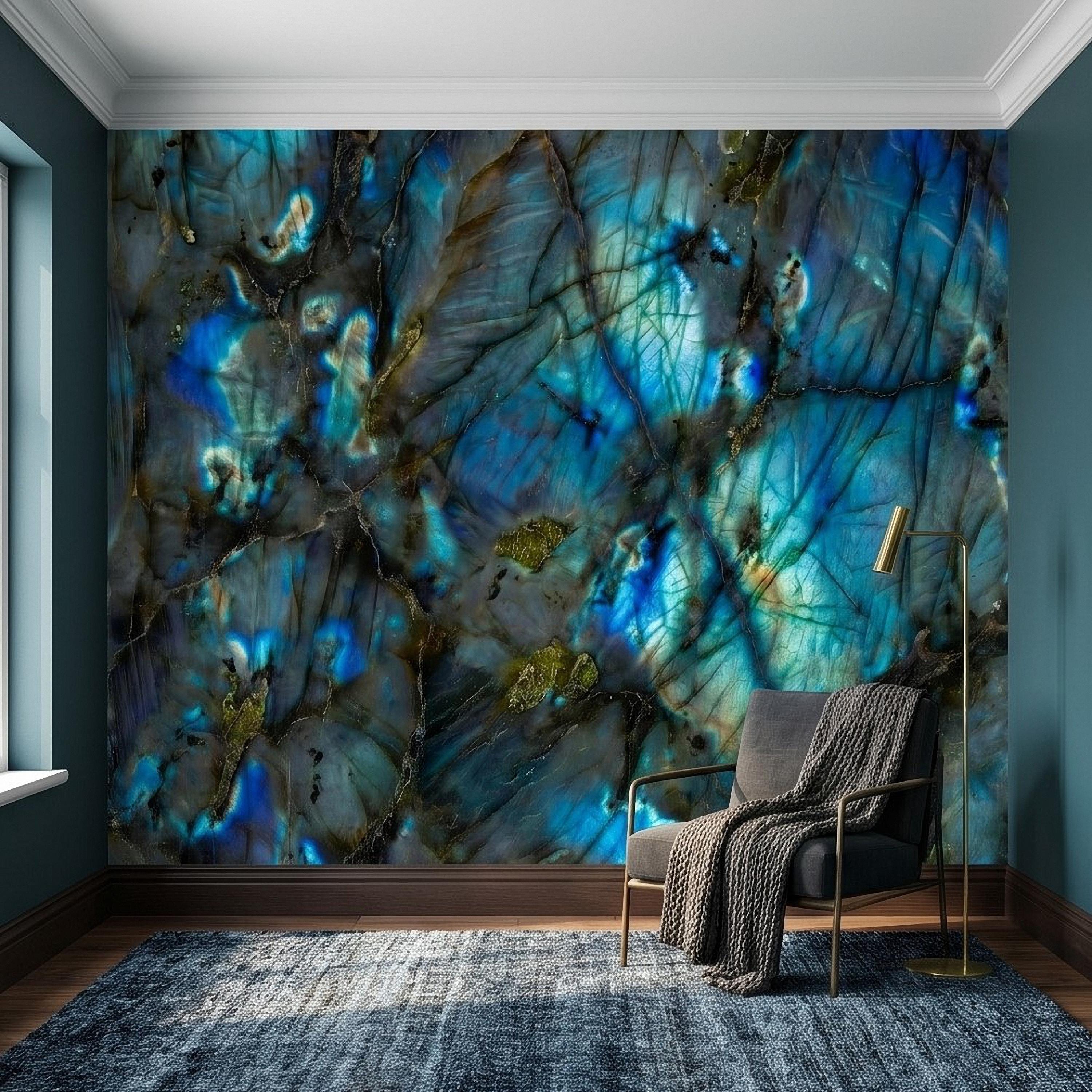 Blue Labradorite Stone Peel and Stick Wall Mural, Teal Navy Gem Crystal Texture, Dark Moody Marble Slab Modern Luxury Wallpaper