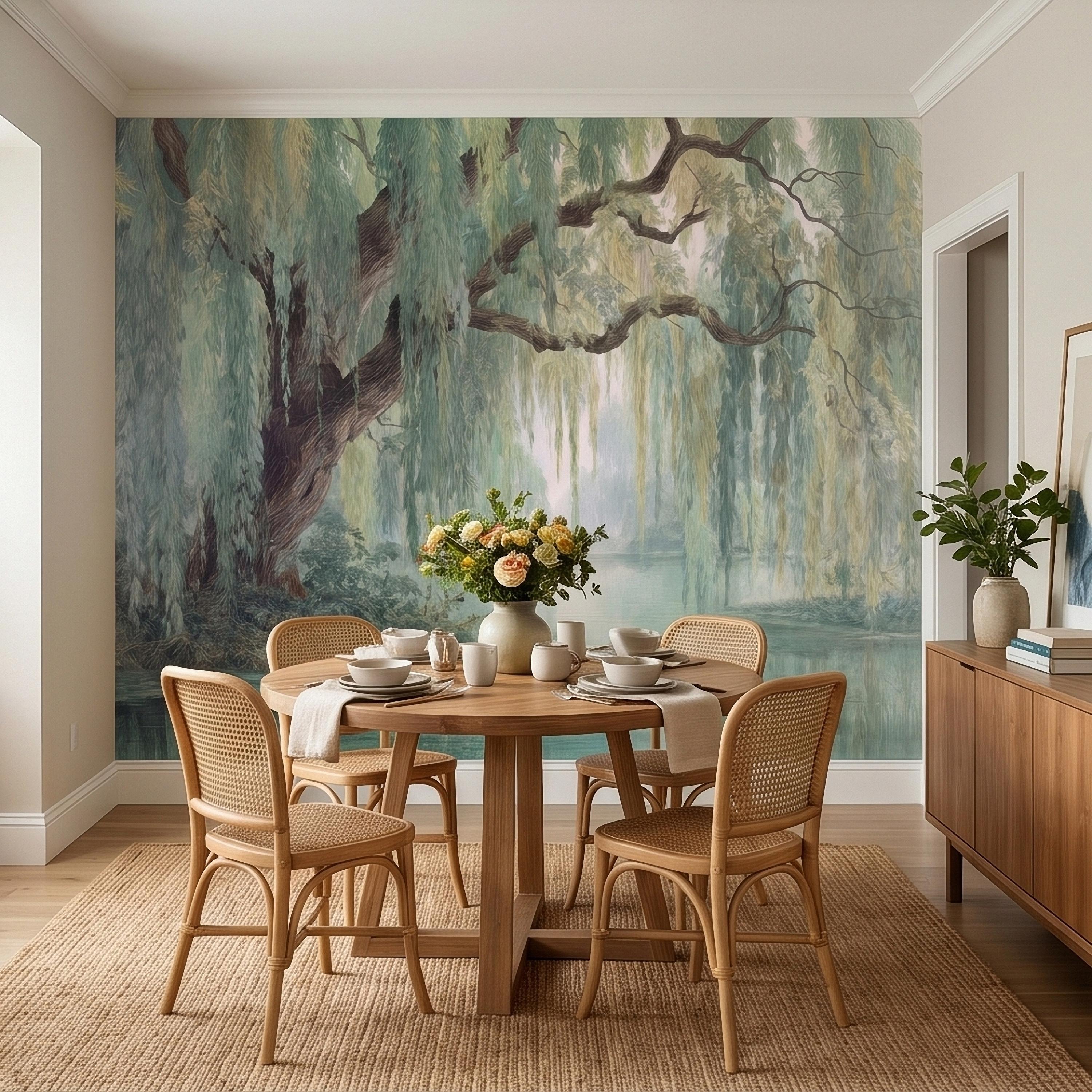 Watercolor Weeping Willow Peel and Stick Wall Mural, Misty Lake Landscape, Soft Green Tree Branches, Calm Nature Water Scene Wallpaper