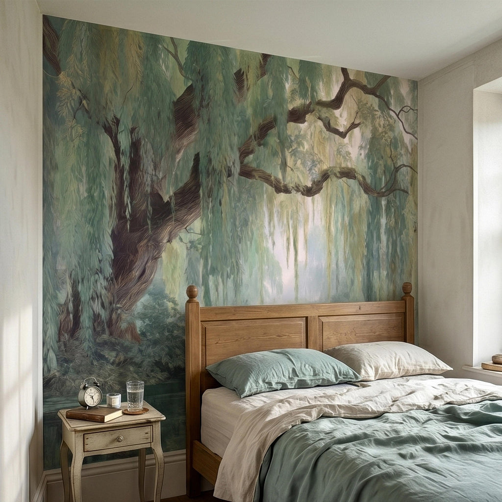 Watercolor Weeping Willow Peel and Stick Wall Mural, Misty Lake Landscape, Soft Green Tree Branches, Calm Nature Water Scene Wallpaper