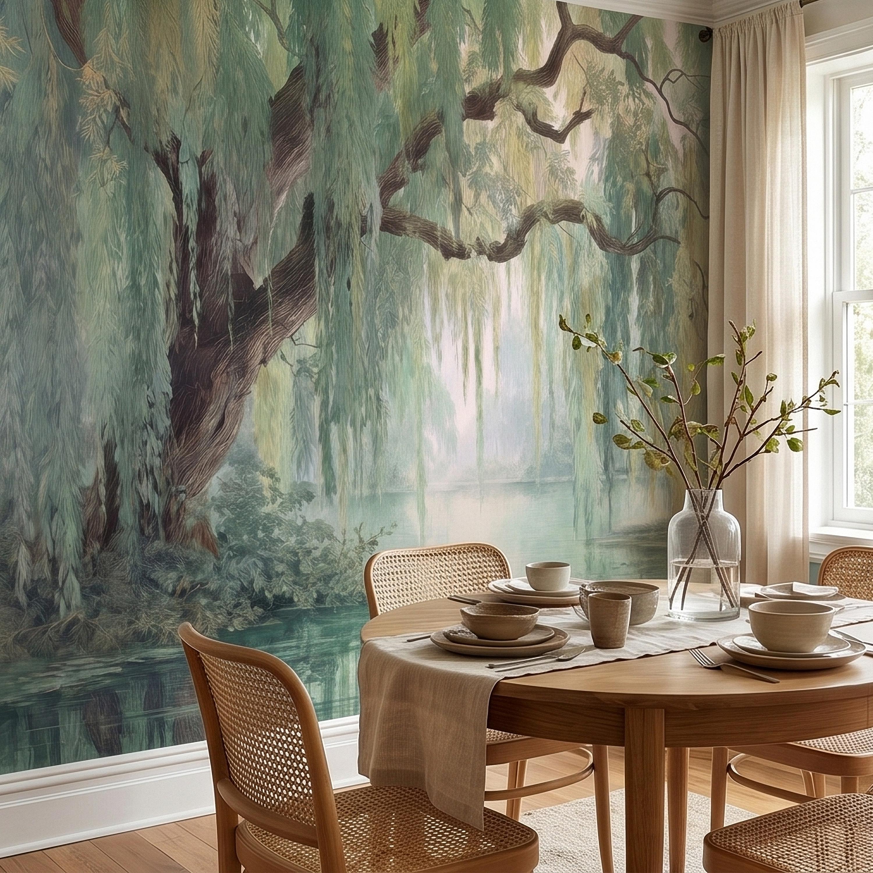 Watercolor Weeping Willow Peel and Stick Wall Mural, Misty Lake Landscape, Soft Green Tree Branches, Calm Nature Water Scene Wallpaper