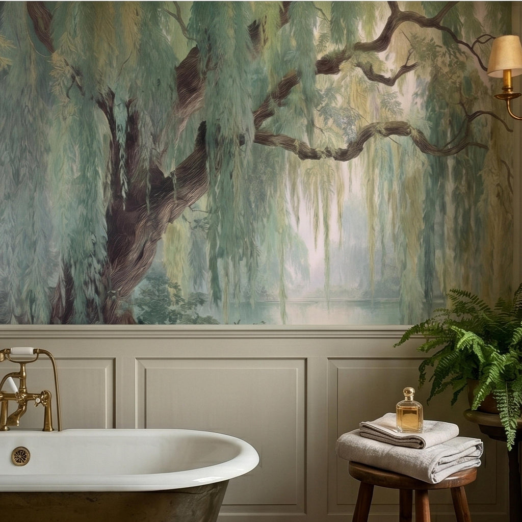 Watercolor Weeping Willow Peel and Stick Wall Mural, Misty Lake Landscape, Soft Green Tree Branches, Calm Nature Water Scene Wallpaper