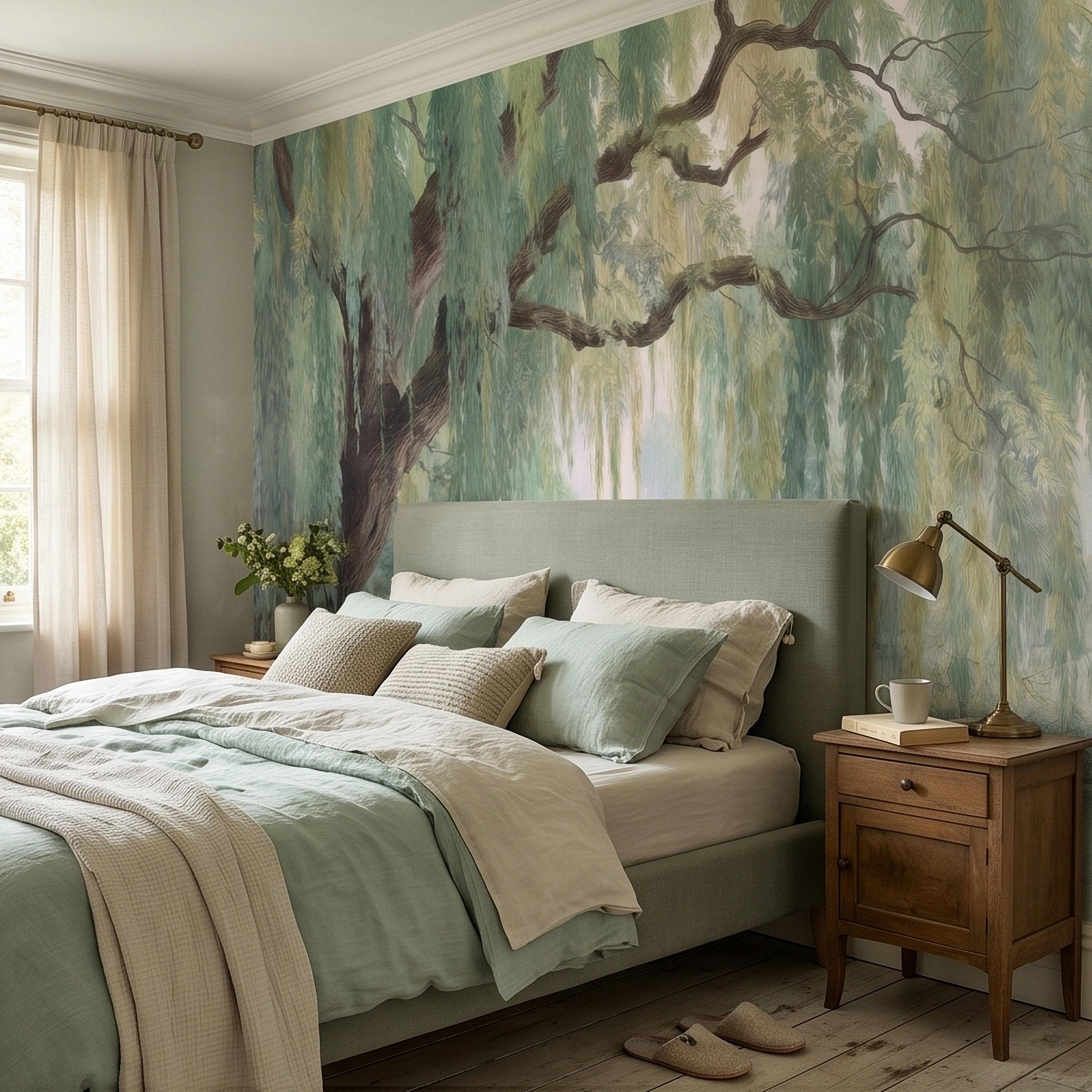 Watercolor Weeping Willow Peel and Stick Wall Mural, Misty Lake Landscape, Soft Green Tree Branches, Calm Nature Water Scene Wallpaper
