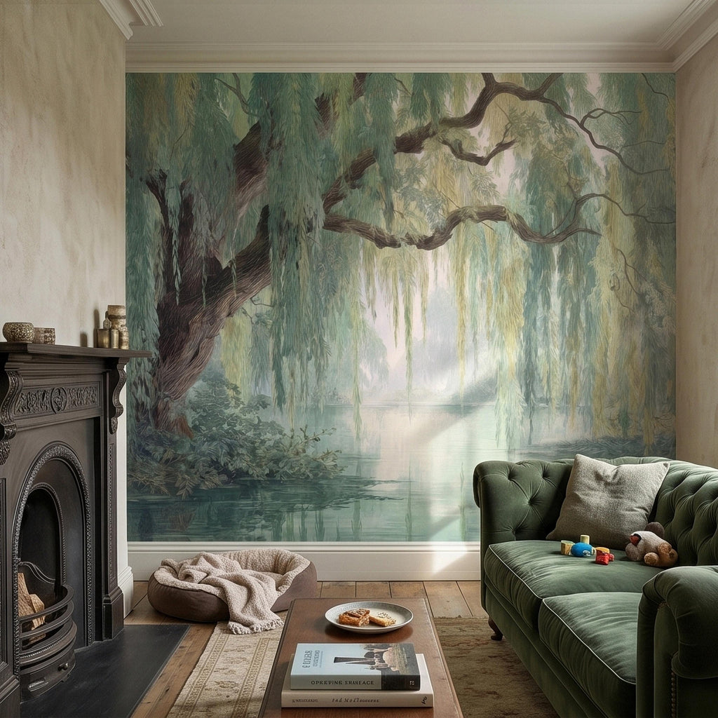 Watercolor Weeping Willow Peel and Stick Wall Mural, Misty Lake Landscape, Soft Green Tree Branches, Calm Nature Water Scene Wallpaper