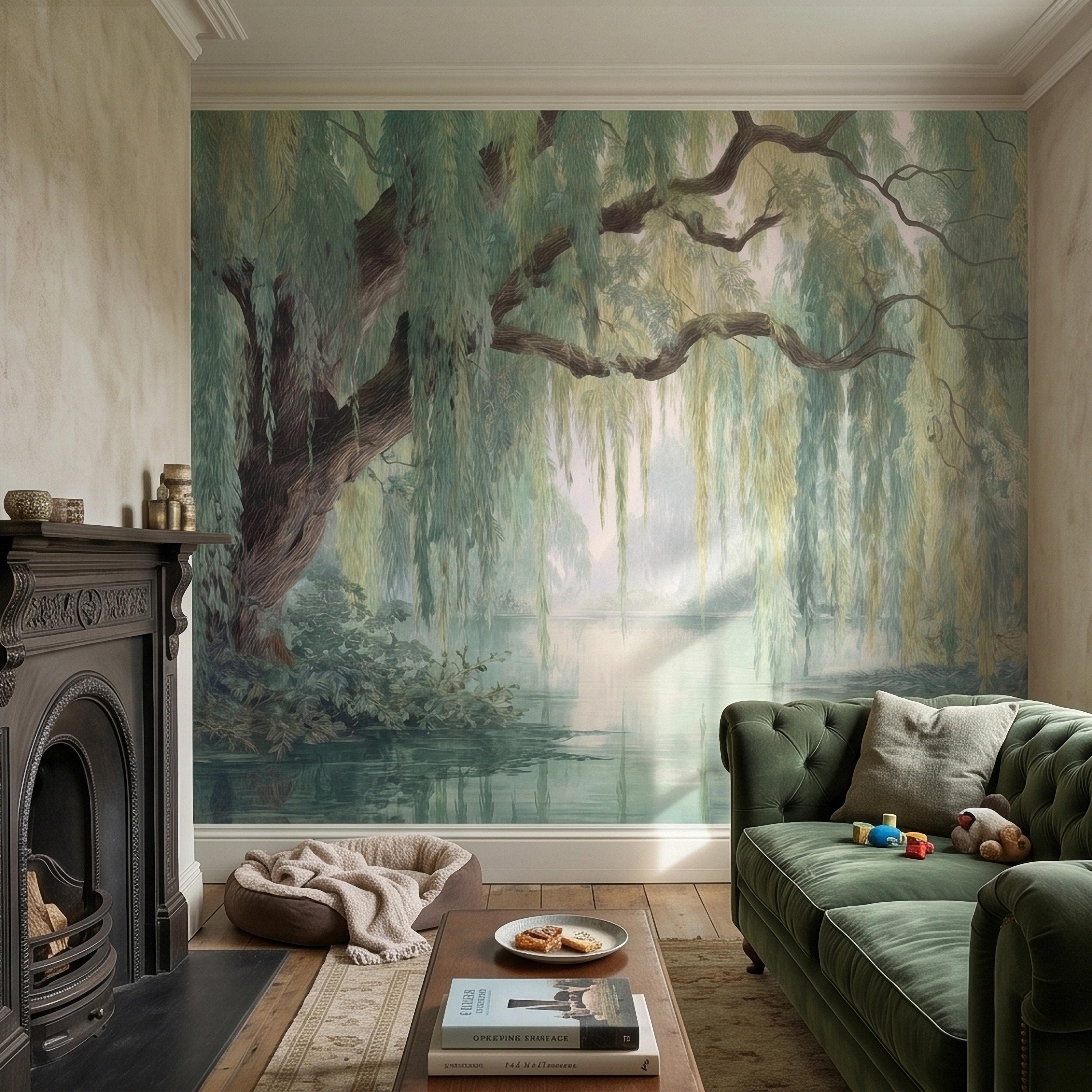 Watercolor Weeping Willow Peel and Stick Wall Mural, Misty Lake Landscape, Soft Green Tree Branches, Calm Nature Water Scene Wallpaper