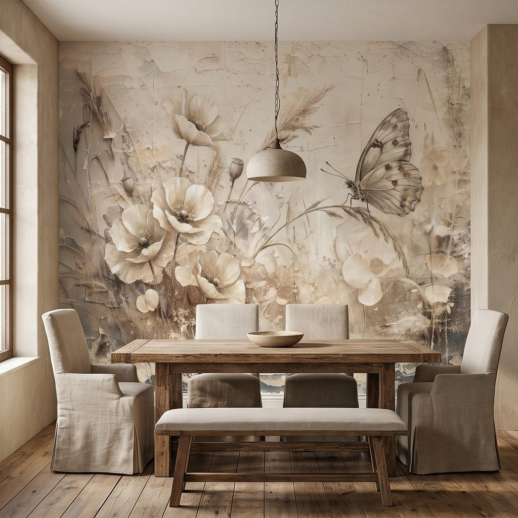 Neutral Butterfly Meadow Peel and Stick Wall Mural, Soft Beige Wildflower Poppies and Grasses, Vintage Textured Plaster Botanical Wallpaper