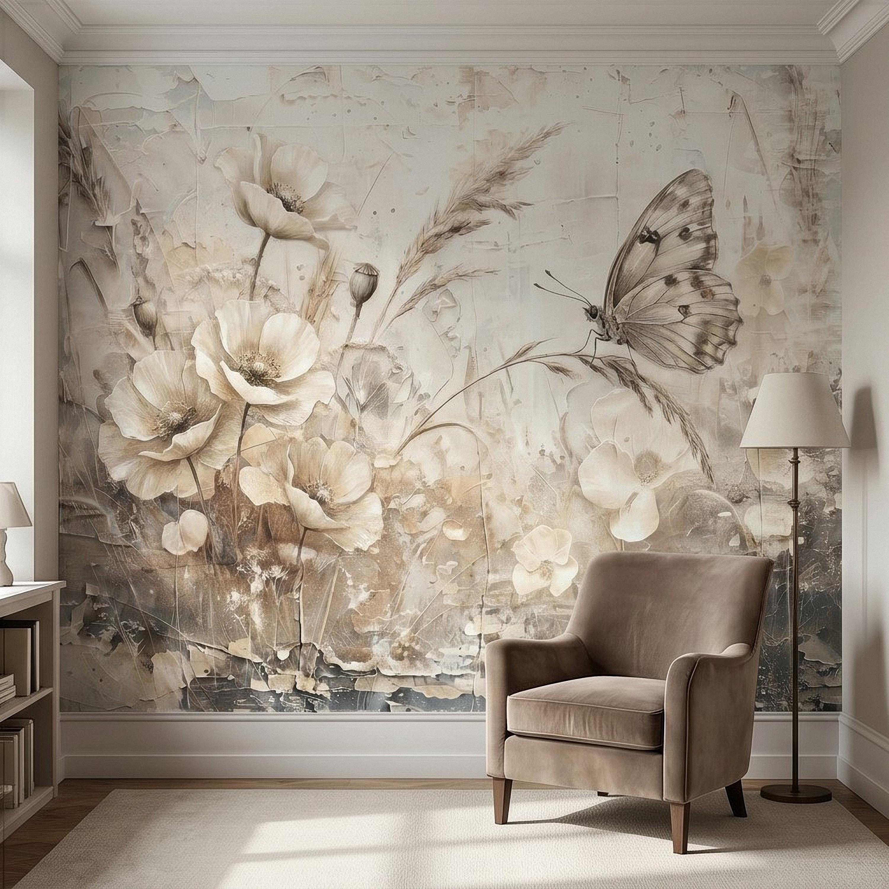 Neutral Butterfly Meadow Peel and Stick Wall Mural, Soft Beige Wildflower Poppies and Grasses, Vintage Textured Plaster Botanical Wallpaper