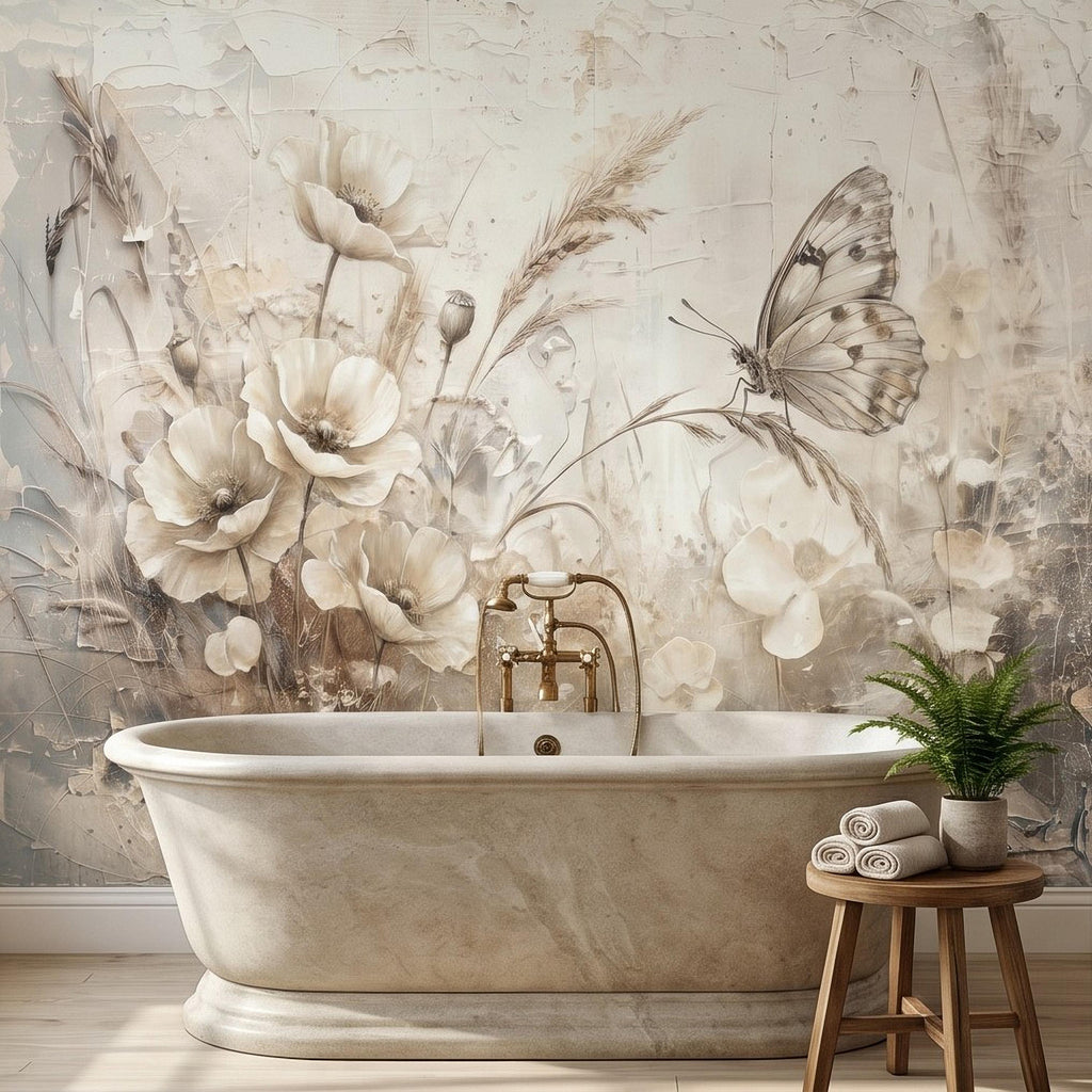 Neutral Butterfly Meadow Peel and Stick Wall Mural, Soft Beige Wildflower Poppies and Grasses, Vintage Textured Plaster Botanical Wallpaper