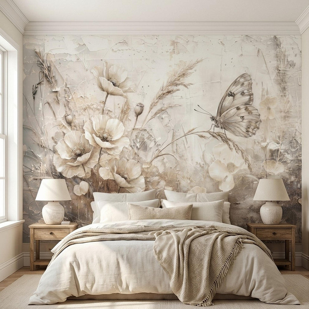 Neutral Butterfly Meadow Peel and Stick Wall Mural, Soft Beige Wildflower Poppies and Grasses, Vintage Textured Plaster Botanical Wallpaper