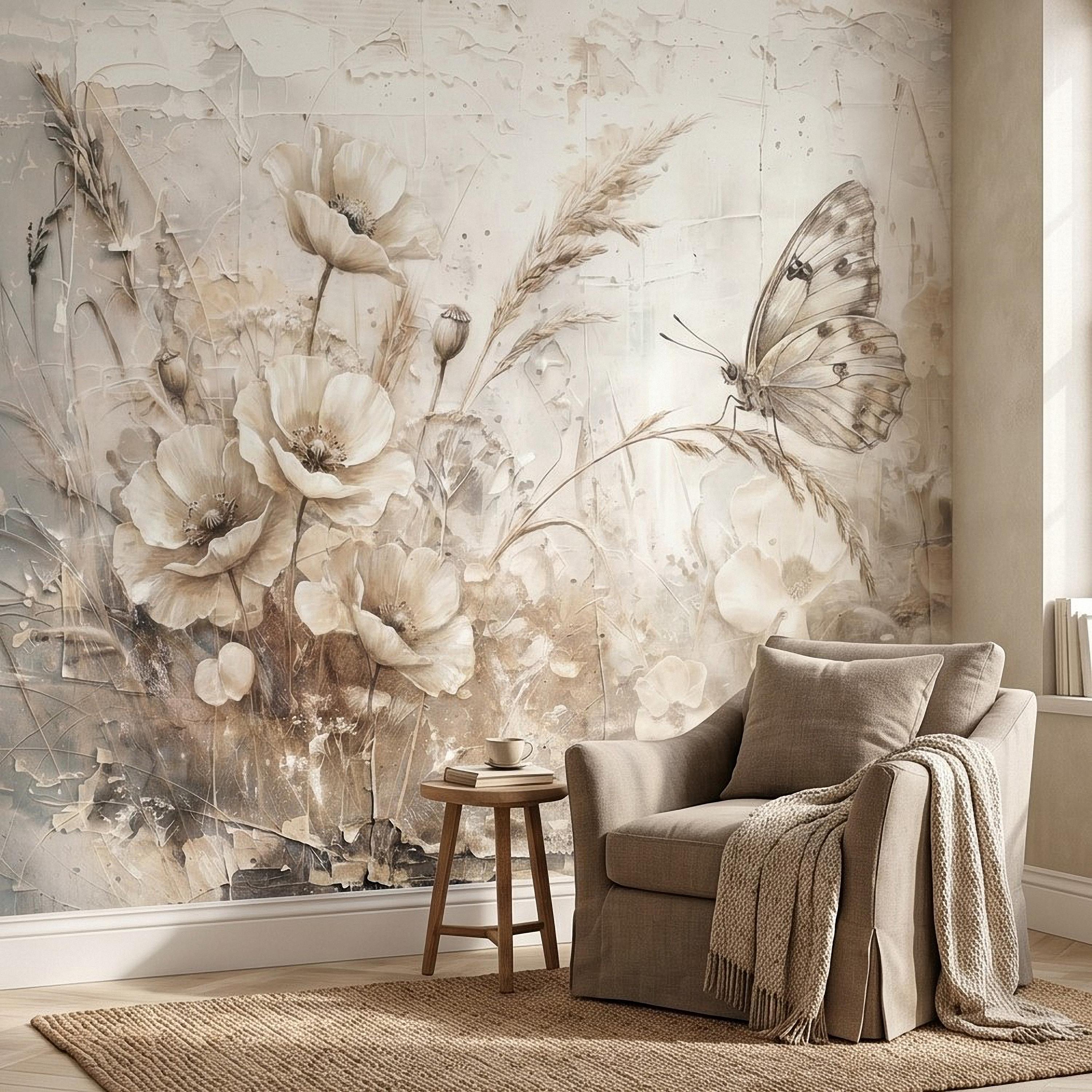 Neutral Butterfly Meadow Peel and Stick Wall Mural, Soft Beige Wildflower Poppies and Grasses, Vintage Textured Plaster Botanical Wallpaper