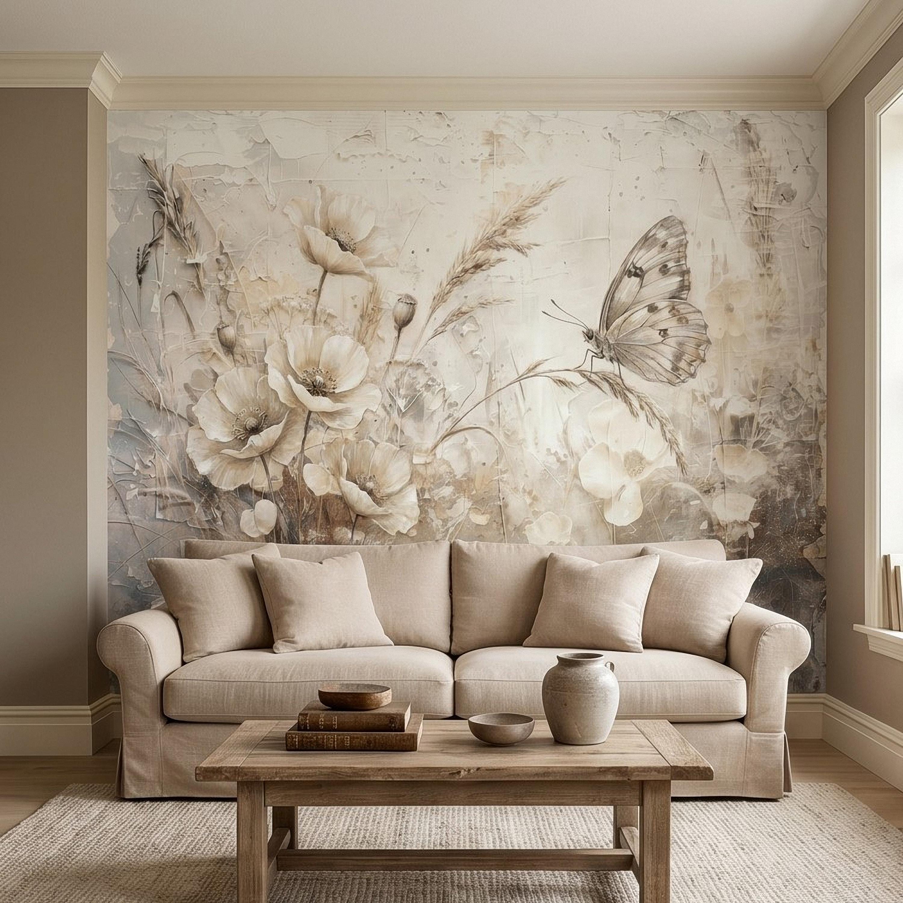 Neutral Butterfly Meadow Peel and Stick Wall Mural, Soft Beige Wildflower Poppies and Grasses, Vintage Textured Plaster Botanical Wallpaper