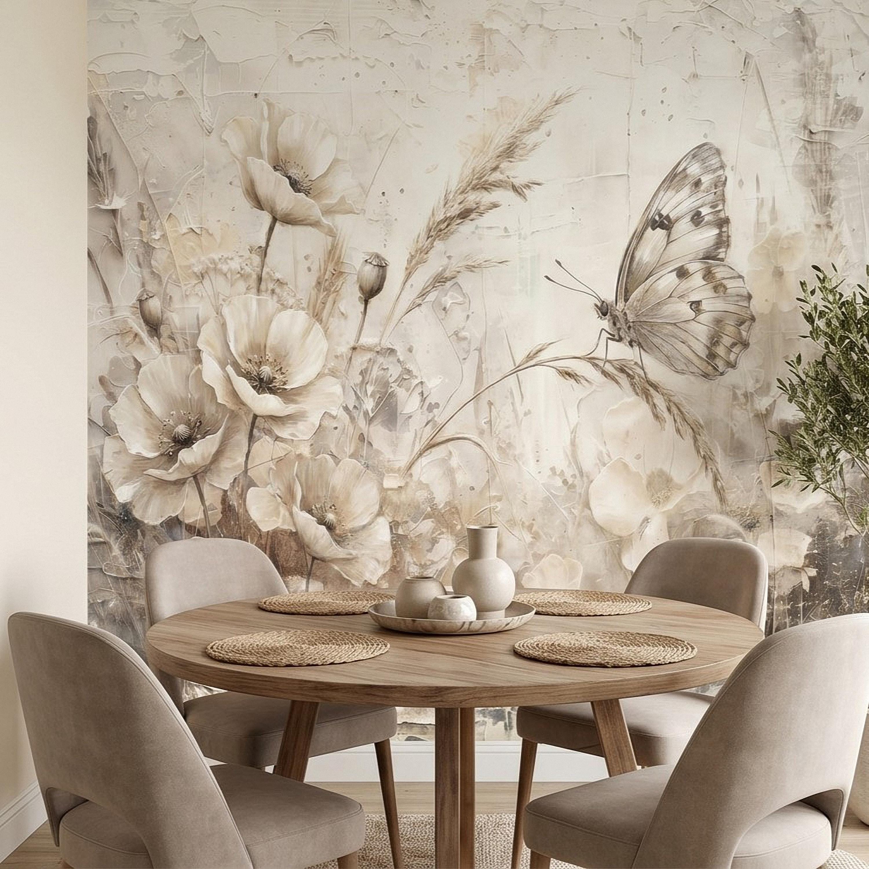 Neutral Butterfly Meadow Peel and Stick Wall Mural, Soft Beige Wildflower Poppies and Grasses, Vintage Textured Plaster Botanical Wallpaper