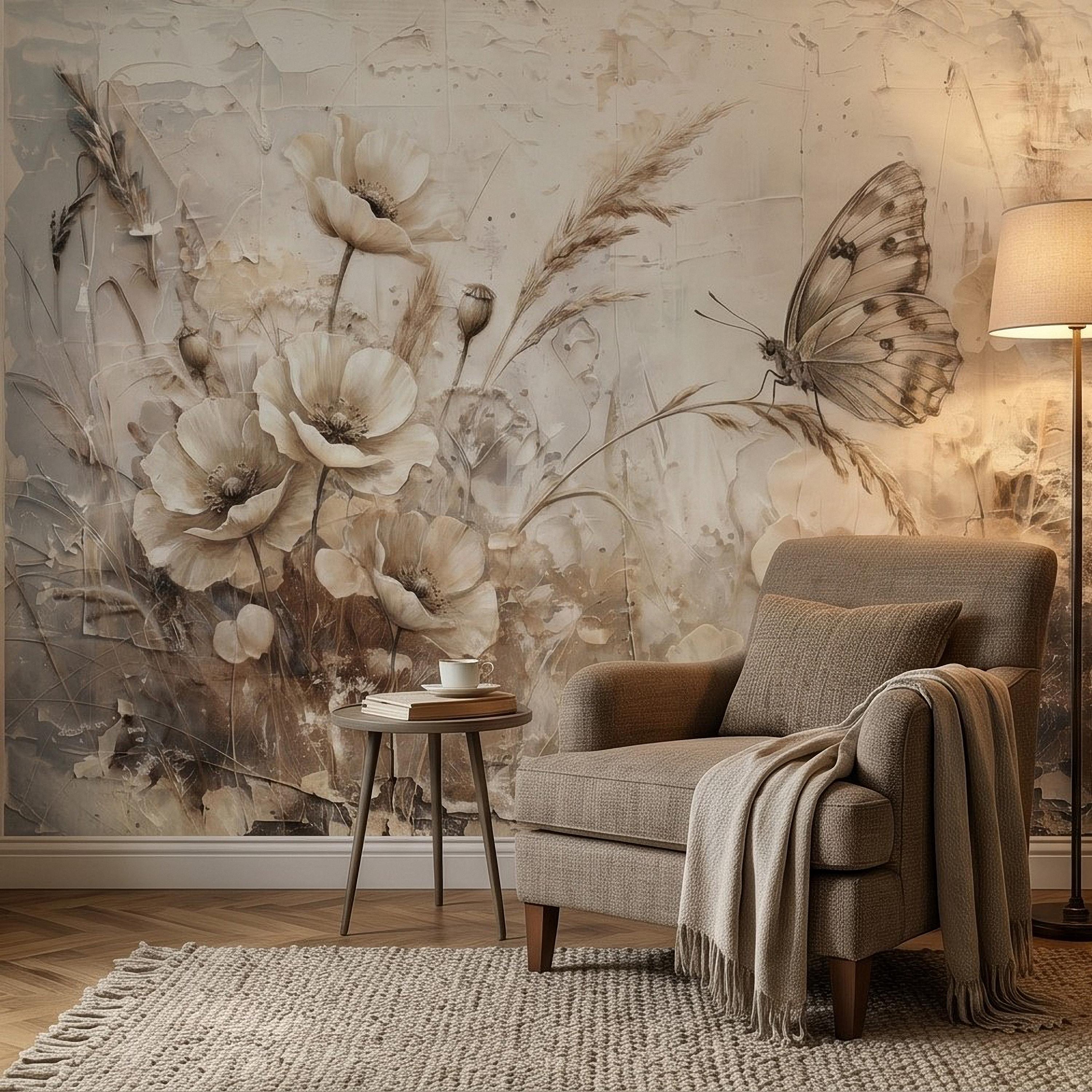 Neutral Butterfly Meadow Peel and Stick Wall Mural, Soft Beige Wildflower Poppies and Grasses, Vintage Textured Plaster Botanical Wallpaper