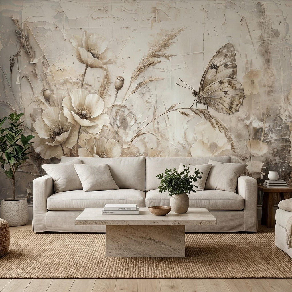 Neutral Butterfly Meadow Peel and Stick Wall Mural, Soft Beige Wildflower Poppies and Grasses, Vintage Textured Plaster Botanical Wallpaper