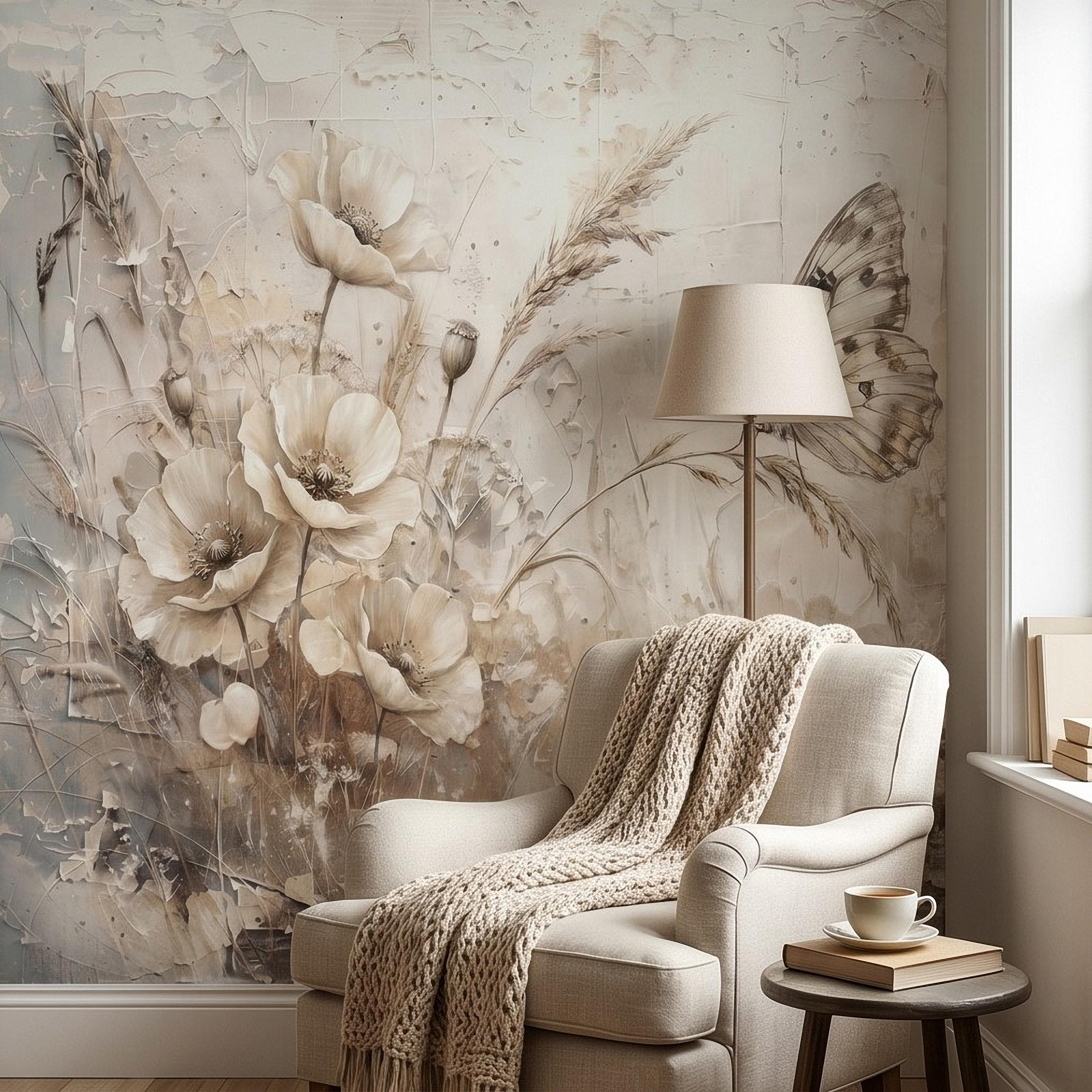 Neutral Butterfly Meadow Peel and Stick Wall Mural, Soft Beige Wildflower Poppies and Grasses, Vintage Textured Plaster Botanical Wallpaper