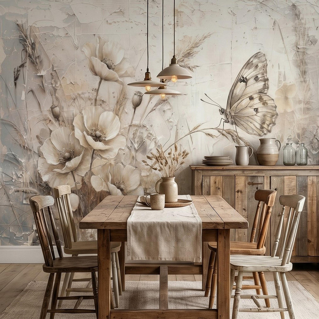 Neutral Butterfly Meadow Peel and Stick Wall Mural, Soft Beige Wildflower Poppies and Grasses, Vintage Textured Plaster Botanical Wallpaper