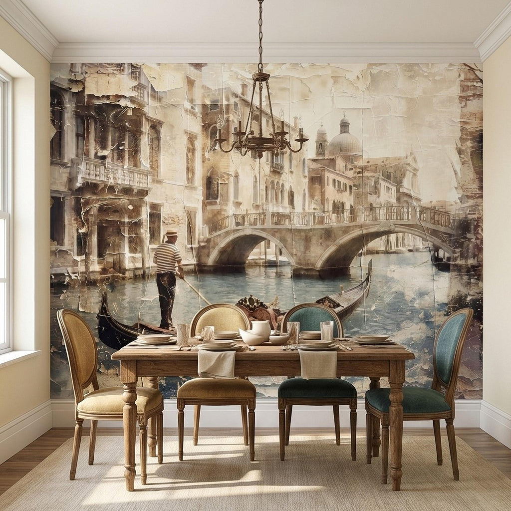 Venice Gondola Canal Peel and Stick Wall Mural, Vintage Sepia Bridge Cityscape, Italian Waterfront Travel Scene, Distressed Fresco Wallpaper