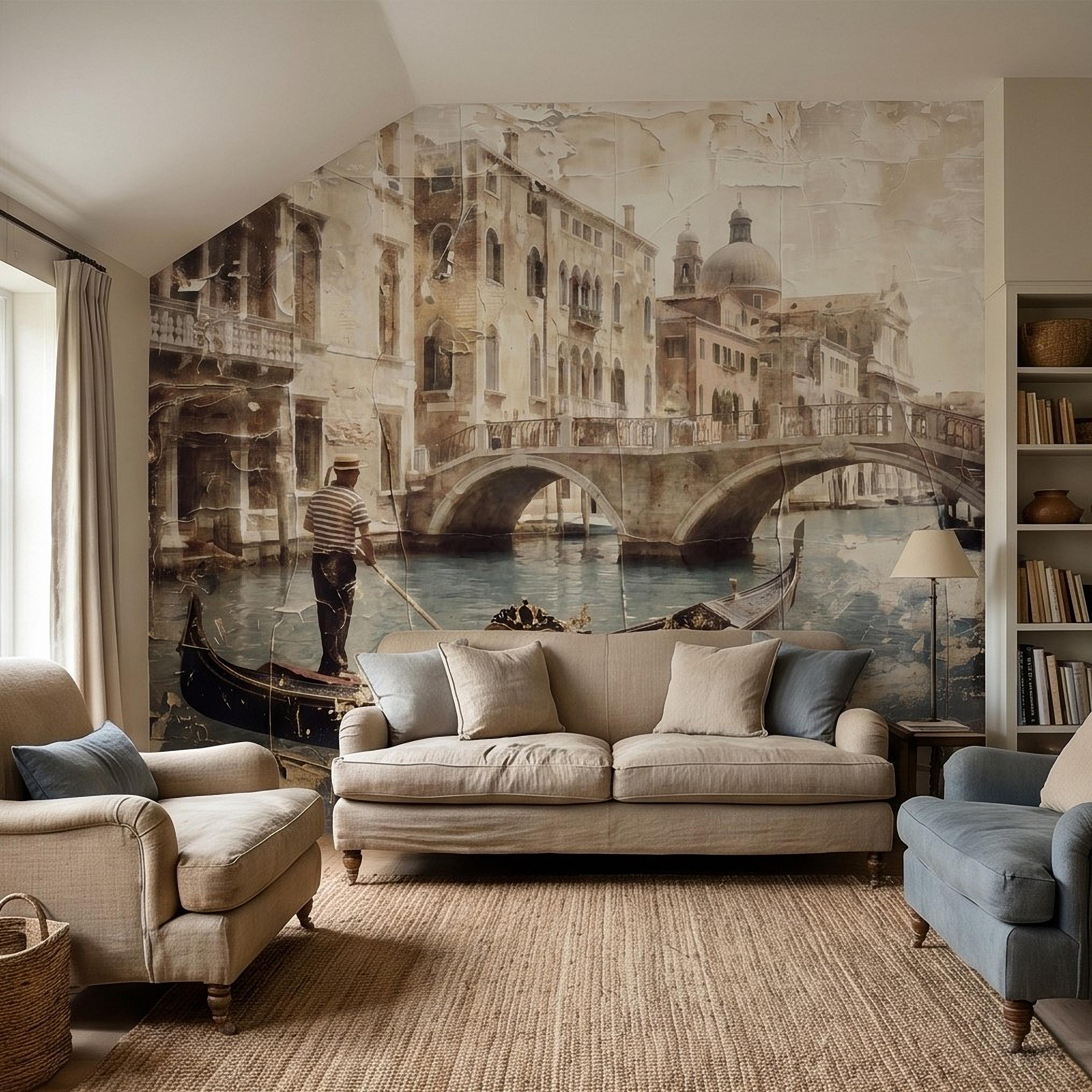 Venice Gondola Canal Peel and Stick Wall Mural, Vintage Sepia Bridge Cityscape, Italian Waterfront Travel Scene, Distressed Fresco Wallpaper