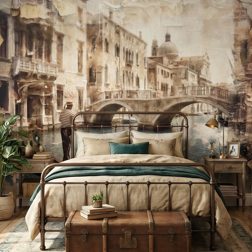 Venice Gondola Canal Peel and Stick Wall Mural, Vintage Sepia Bridge Cityscape, Italian Waterfront Travel Scene, Distressed Fresco Wallpaper