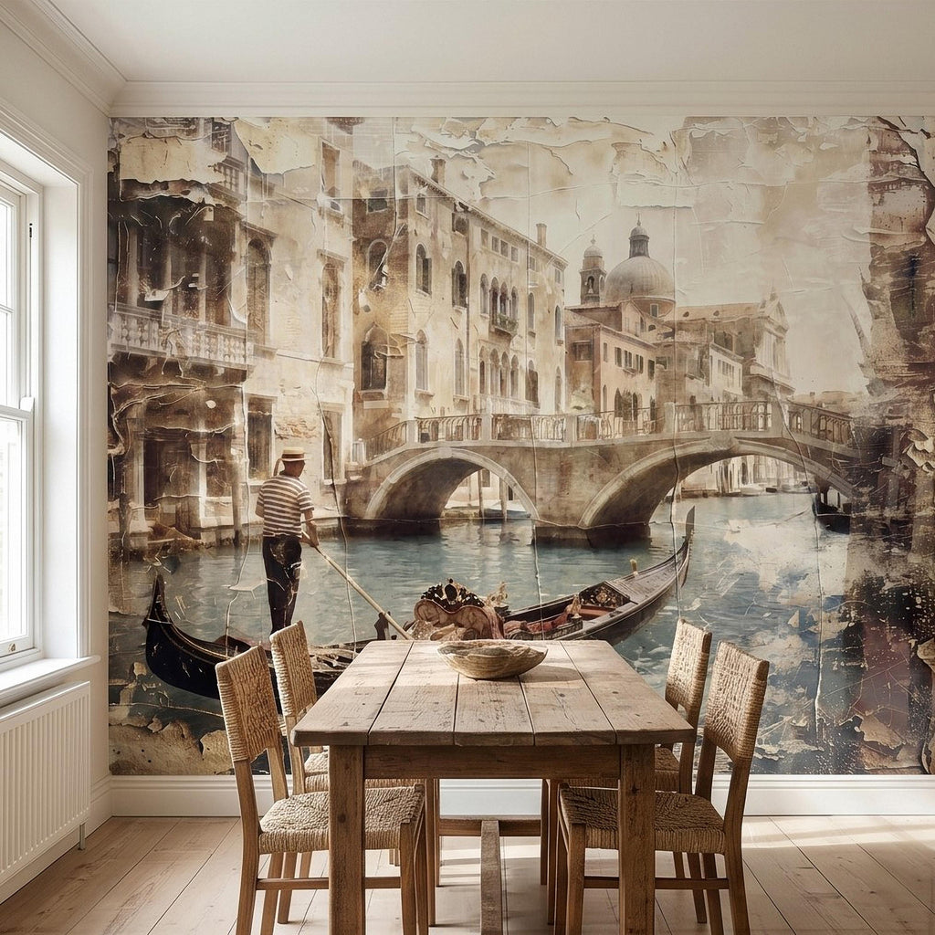 Venice Gondola Canal Peel and Stick Wall Mural, Vintage Sepia Bridge Cityscape, Italian Waterfront Travel Scene, Distressed Fresco Wallpaper