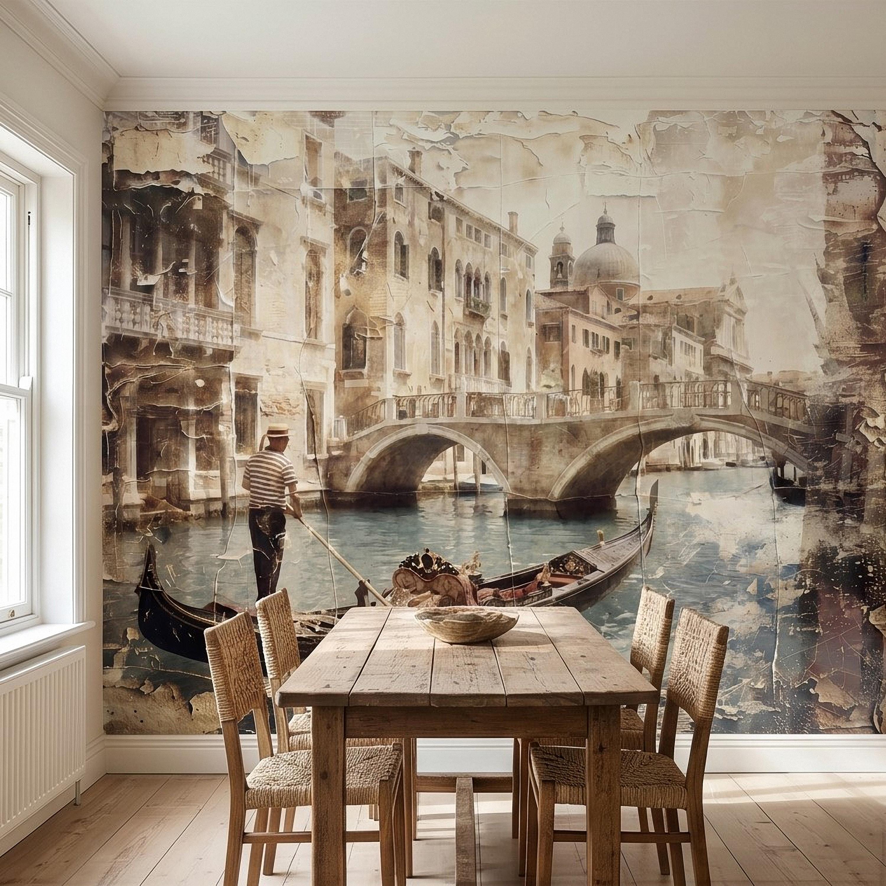 Venice Gondola Canal Peel and Stick Wall Mural, Vintage Sepia Bridge Cityscape, Italian Waterfront Travel Scene, Distressed Fresco Wallpaper