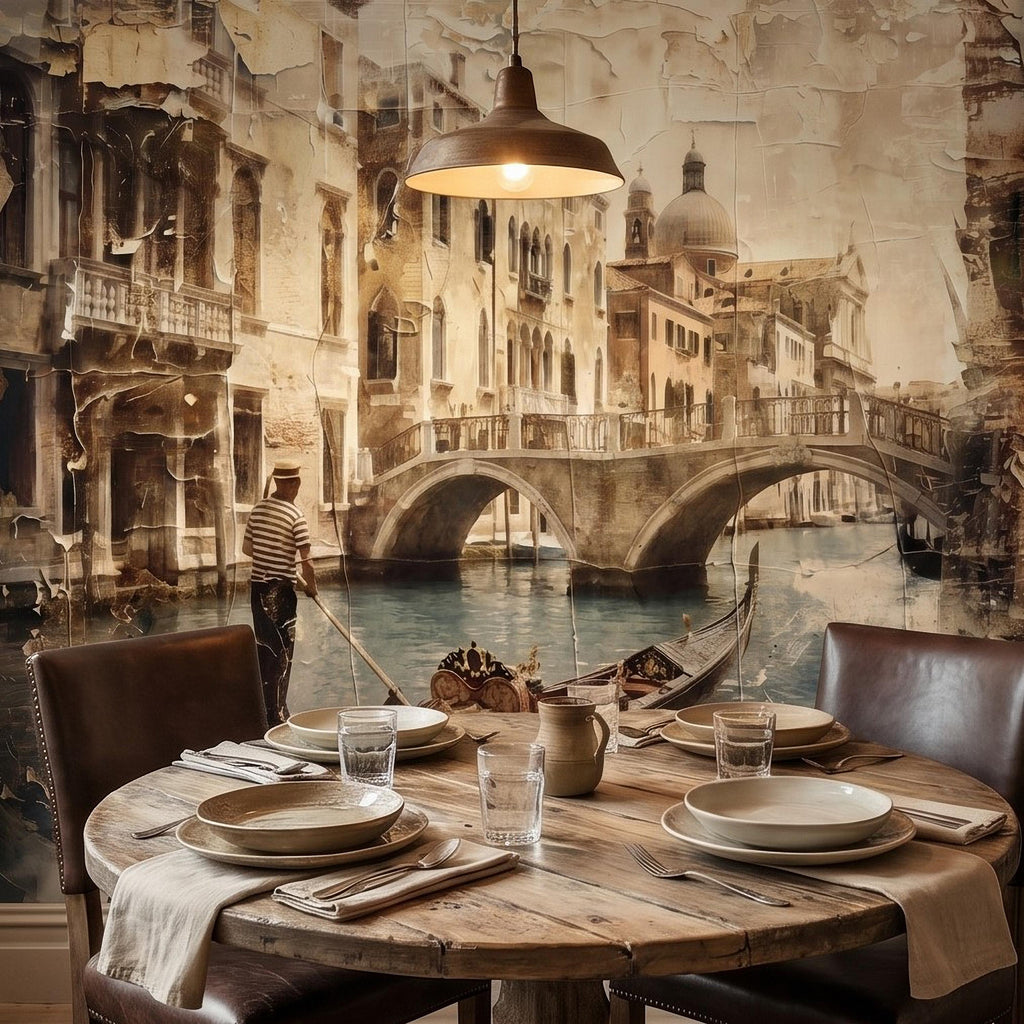 Venice Gondola Canal Peel and Stick Wall Mural, Vintage Sepia Bridge Cityscape, Italian Waterfront Travel Scene, Distressed Fresco Wallpaper