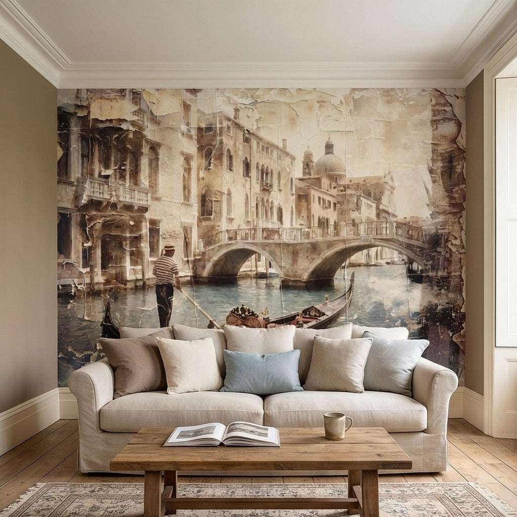Venice Gondola Canal Peel and Stick Wall Mural, Vintage Sepia Bridge Cityscape, Italian Waterfront Travel Scene, Distressed Fresco Wallpaper