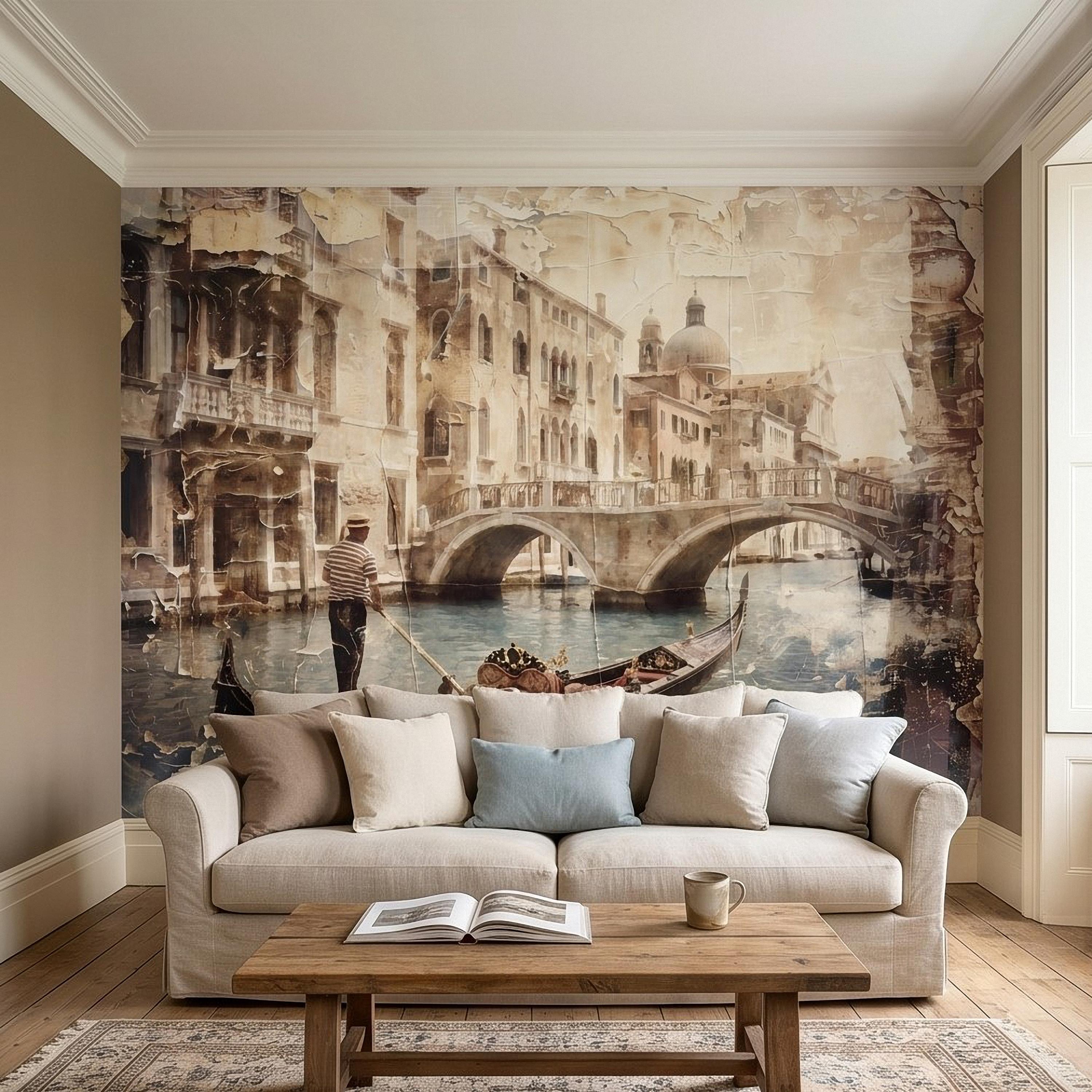 Venice Gondola Canal Peel and Stick Wall Mural, Vintage Sepia Bridge Cityscape, Italian Waterfront Travel Scene, Distressed Fresco Wallpaper