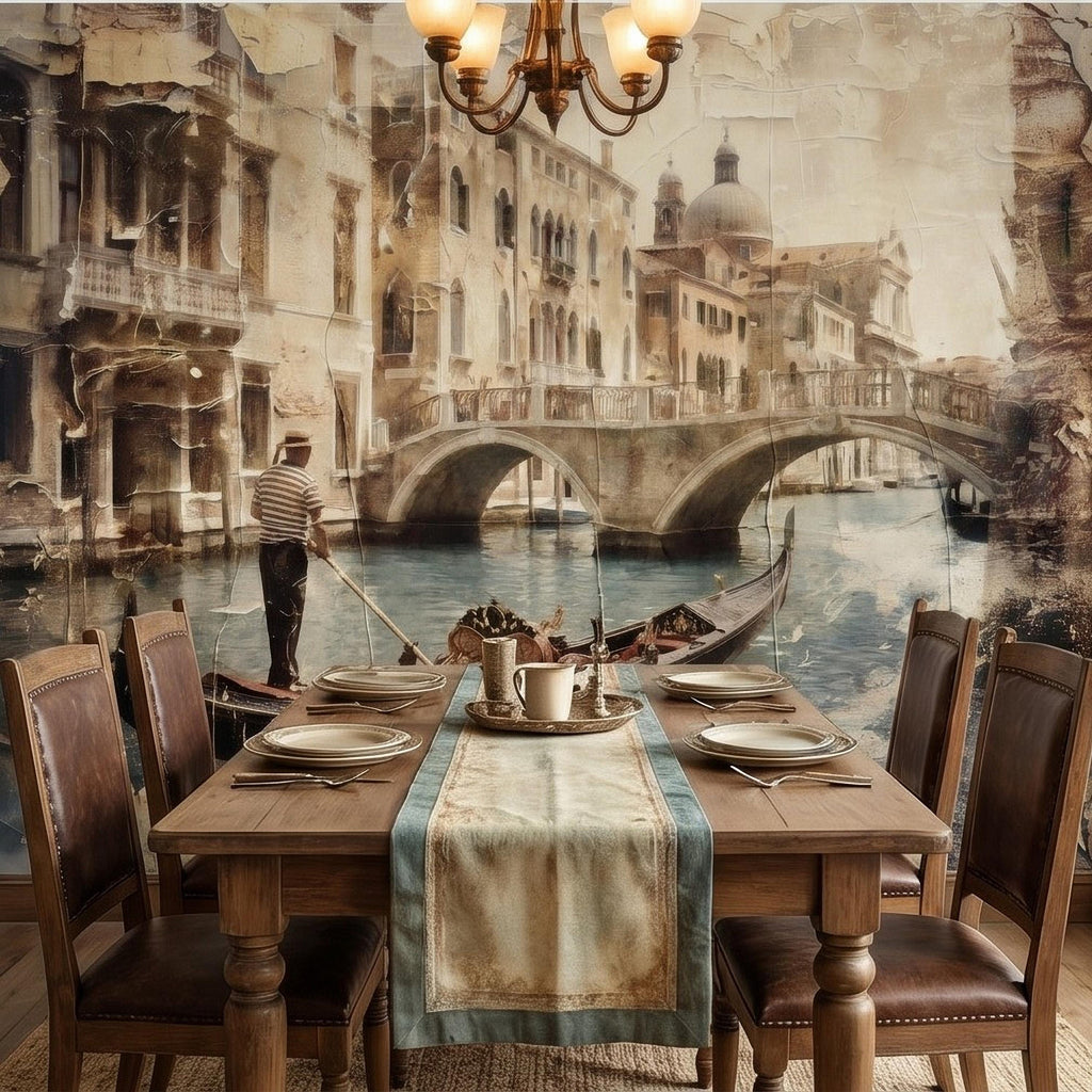 Venice Gondola Canal Peel and Stick Wall Mural, Vintage Sepia Bridge Cityscape, Italian Waterfront Travel Scene, Distressed Fresco Wallpaper