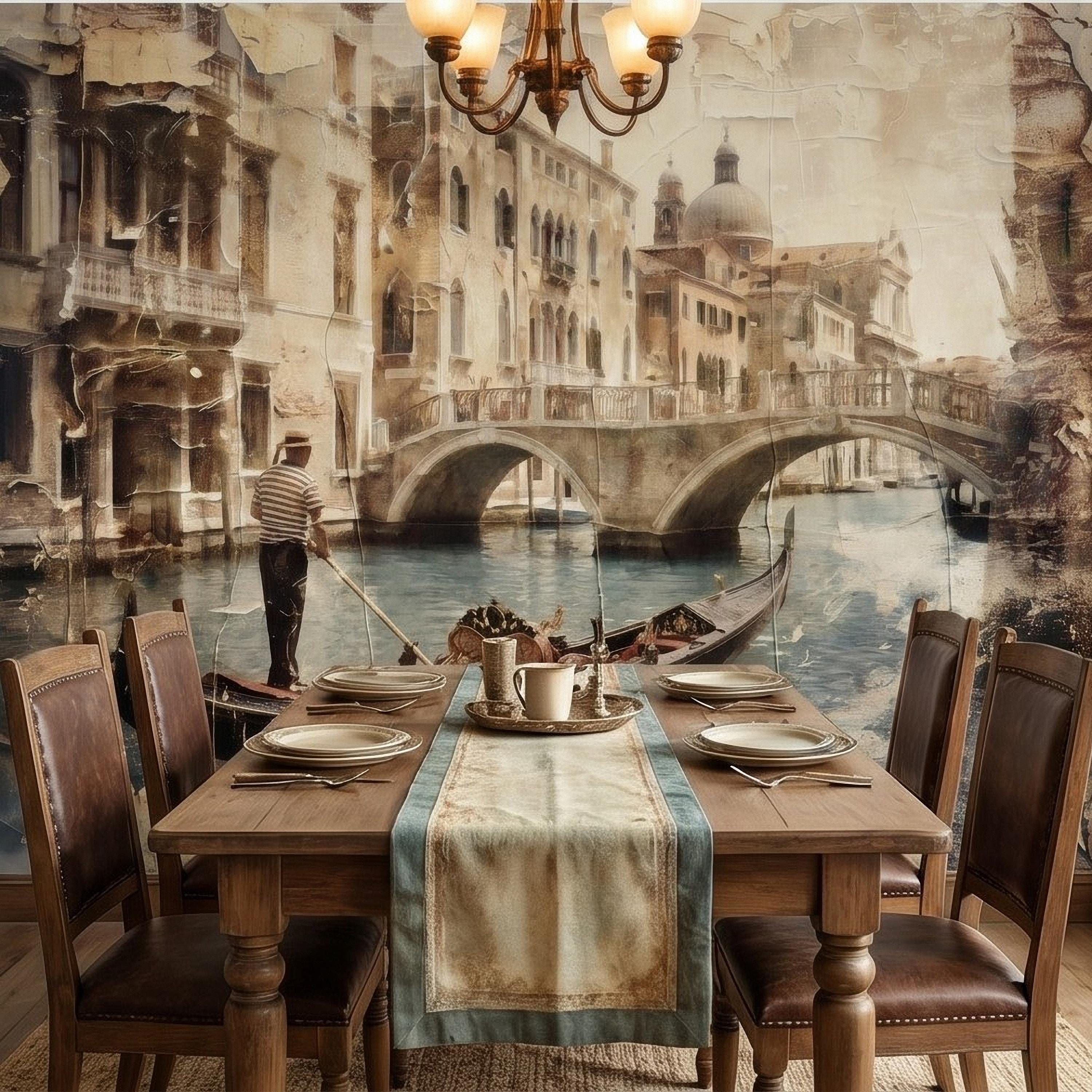 Venice Gondola Canal Peel and Stick Wall Mural, Vintage Sepia Bridge Cityscape, Italian Waterfront Travel Scene, Distressed Fresco Wallpaper