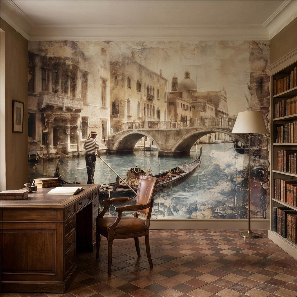 Venice Gondola Canal Peel and Stick Wall Mural, Vintage Sepia Bridge Cityscape, Italian Waterfront Travel Scene, Distressed Fresco Wallpaper